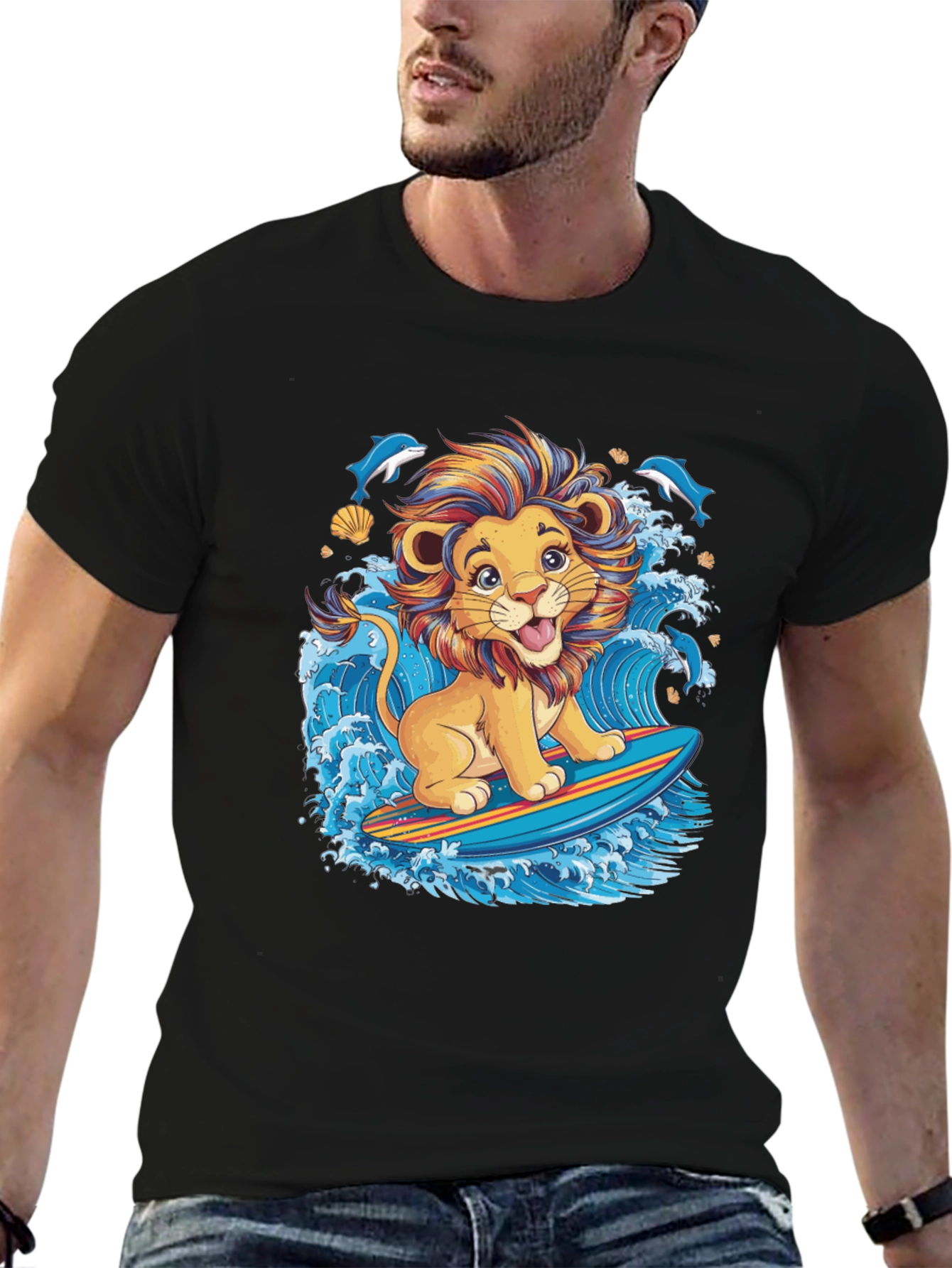 Lion Surfing T-Shirt - Cute Cartoon Design