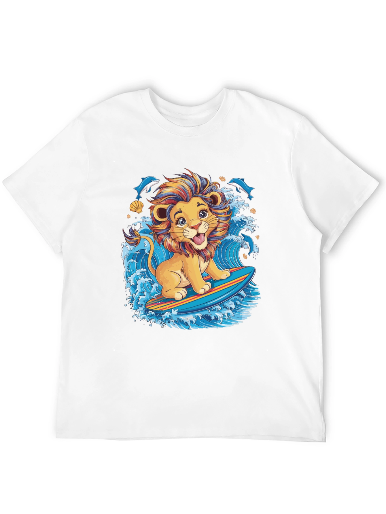 Lion Surfing T-Shirt - Cute Cartoon Design