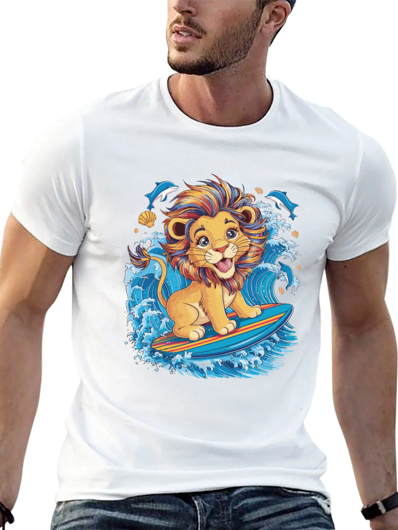 Lion Surfing T-Shirt - Cute Cartoon Design