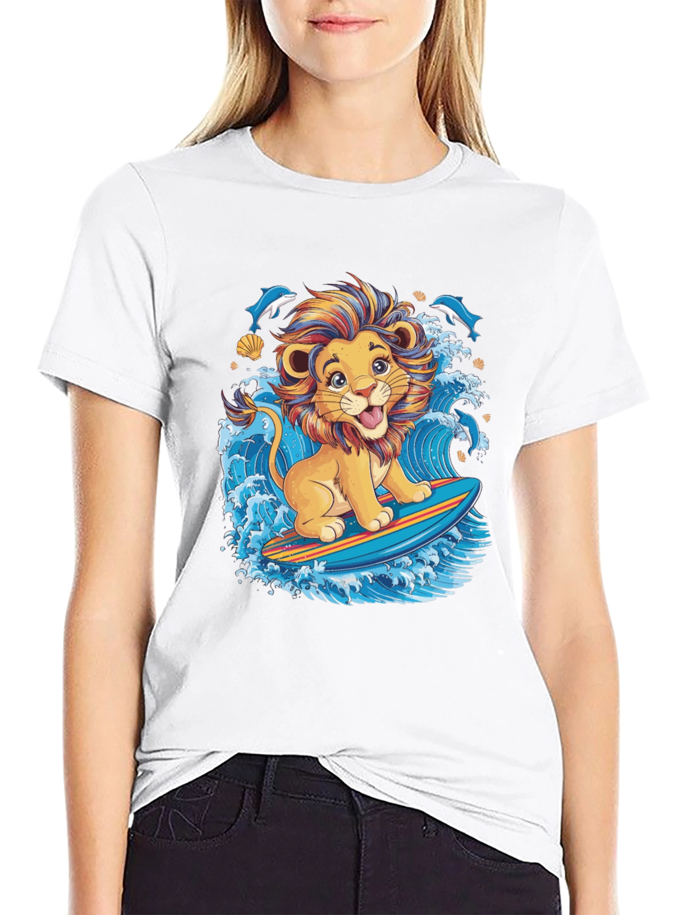Lion Surfing T-Shirt - Cute Cartoon Design
