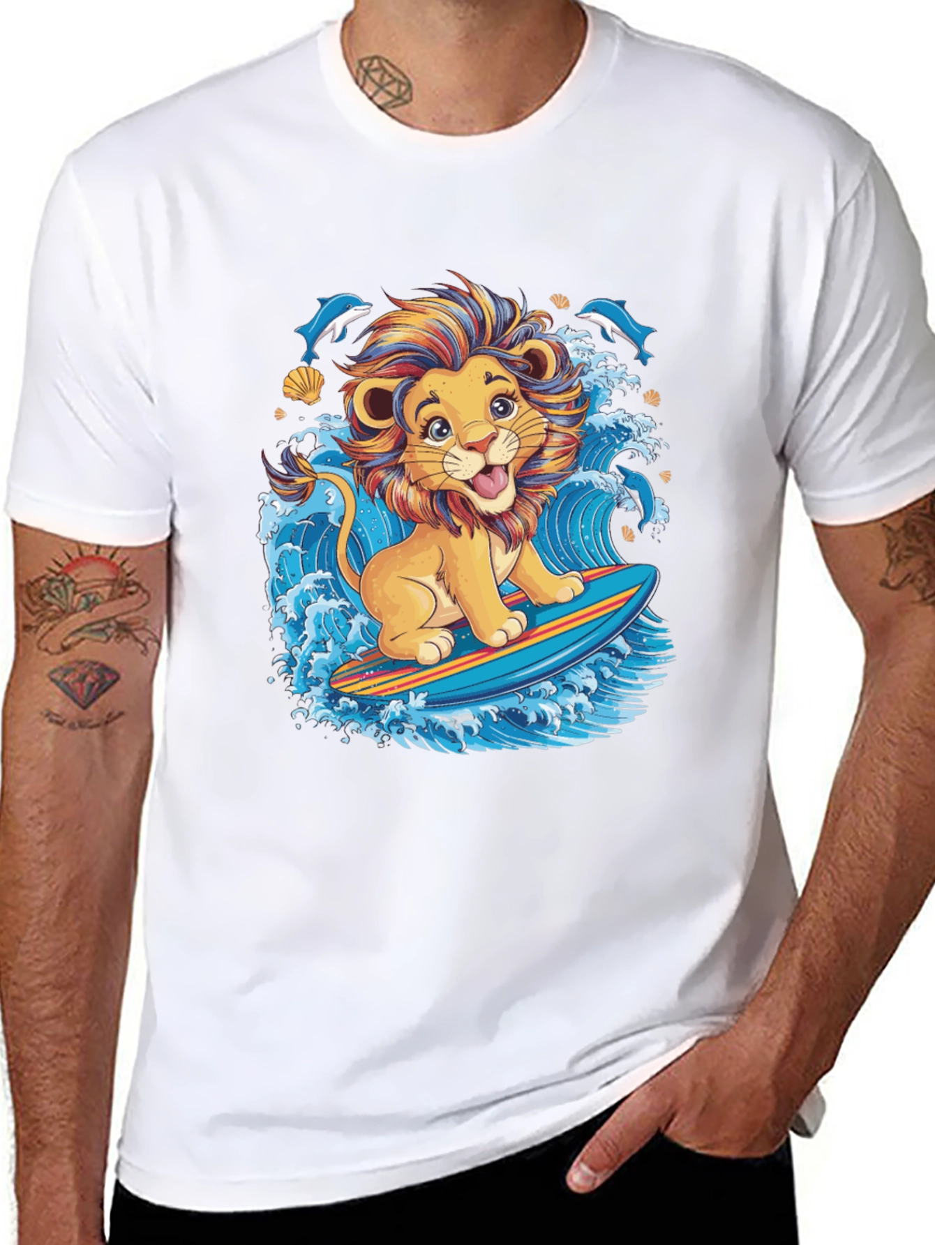 Lion Surfing T-Shirt - Cute Cartoon Design