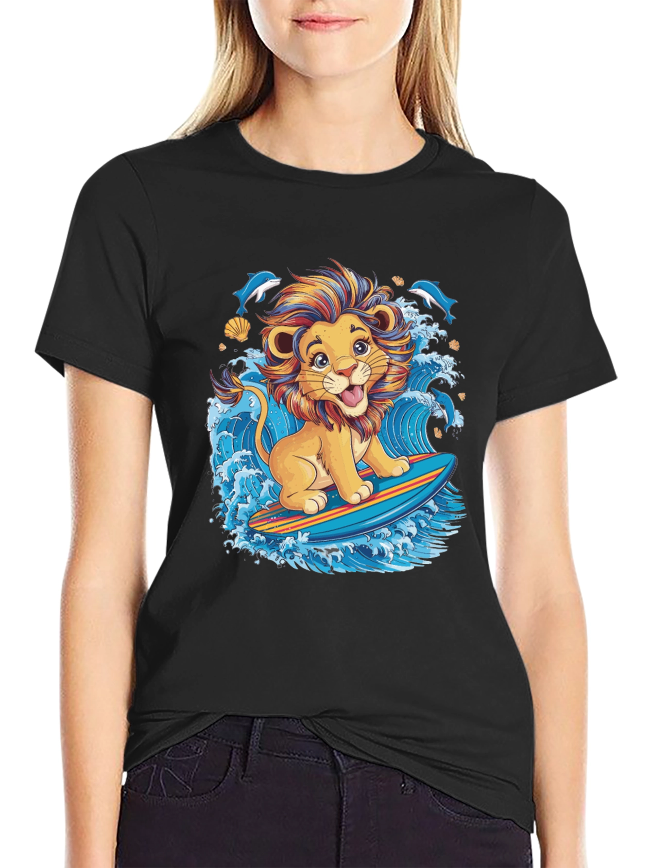 Lion Surfing T-Shirt - Cute Cartoon Design