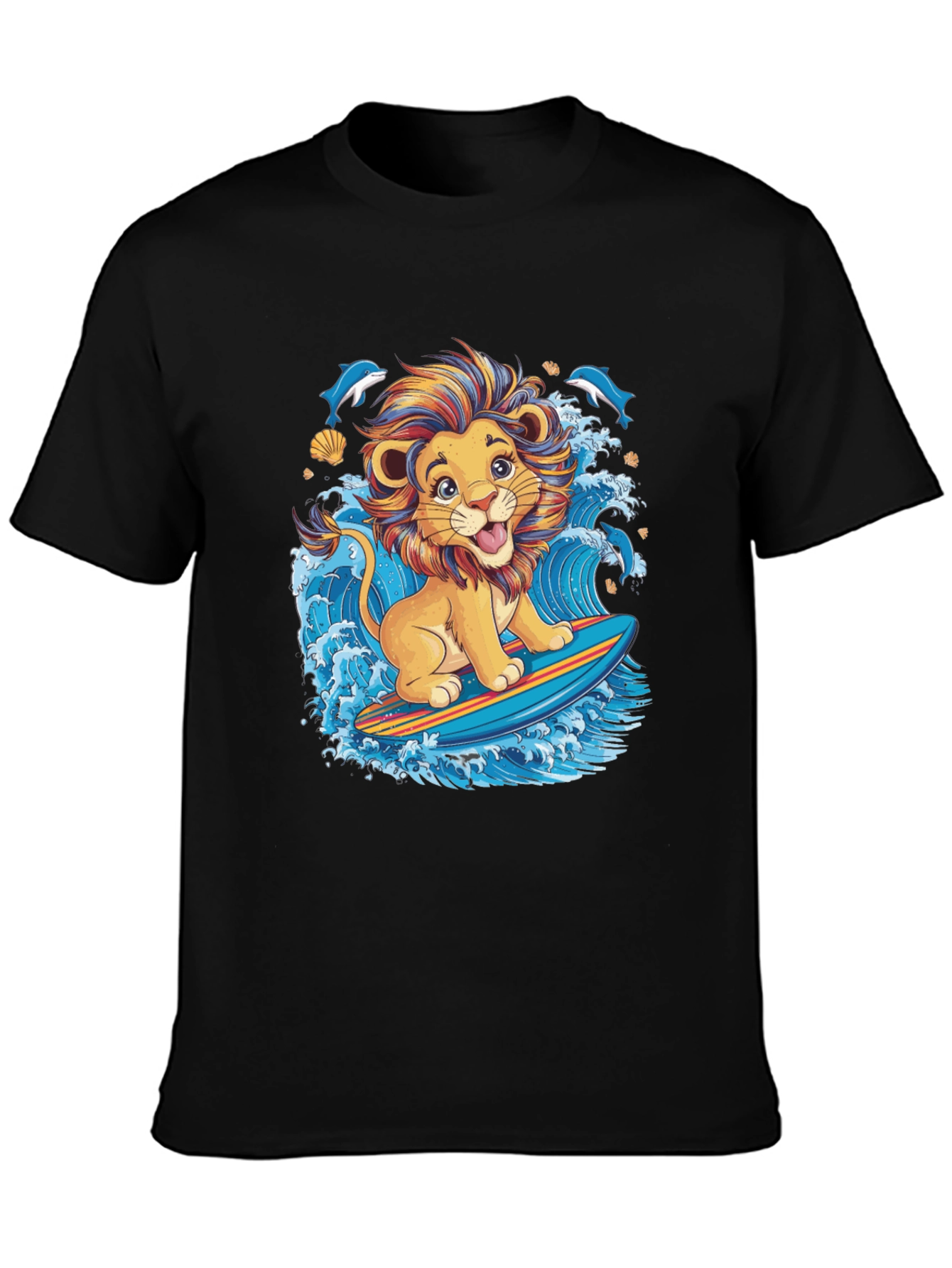 Lion Surfing T-Shirt - Cute Cartoon Design