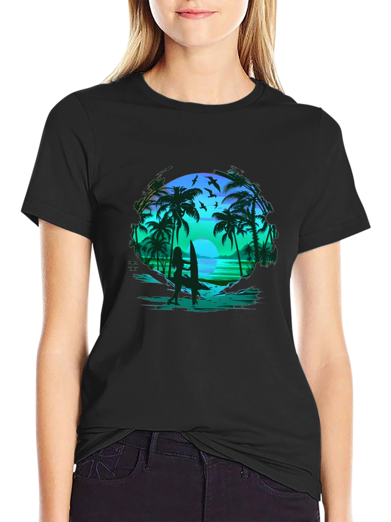 Tropical Beach Scene Black T-Shirt