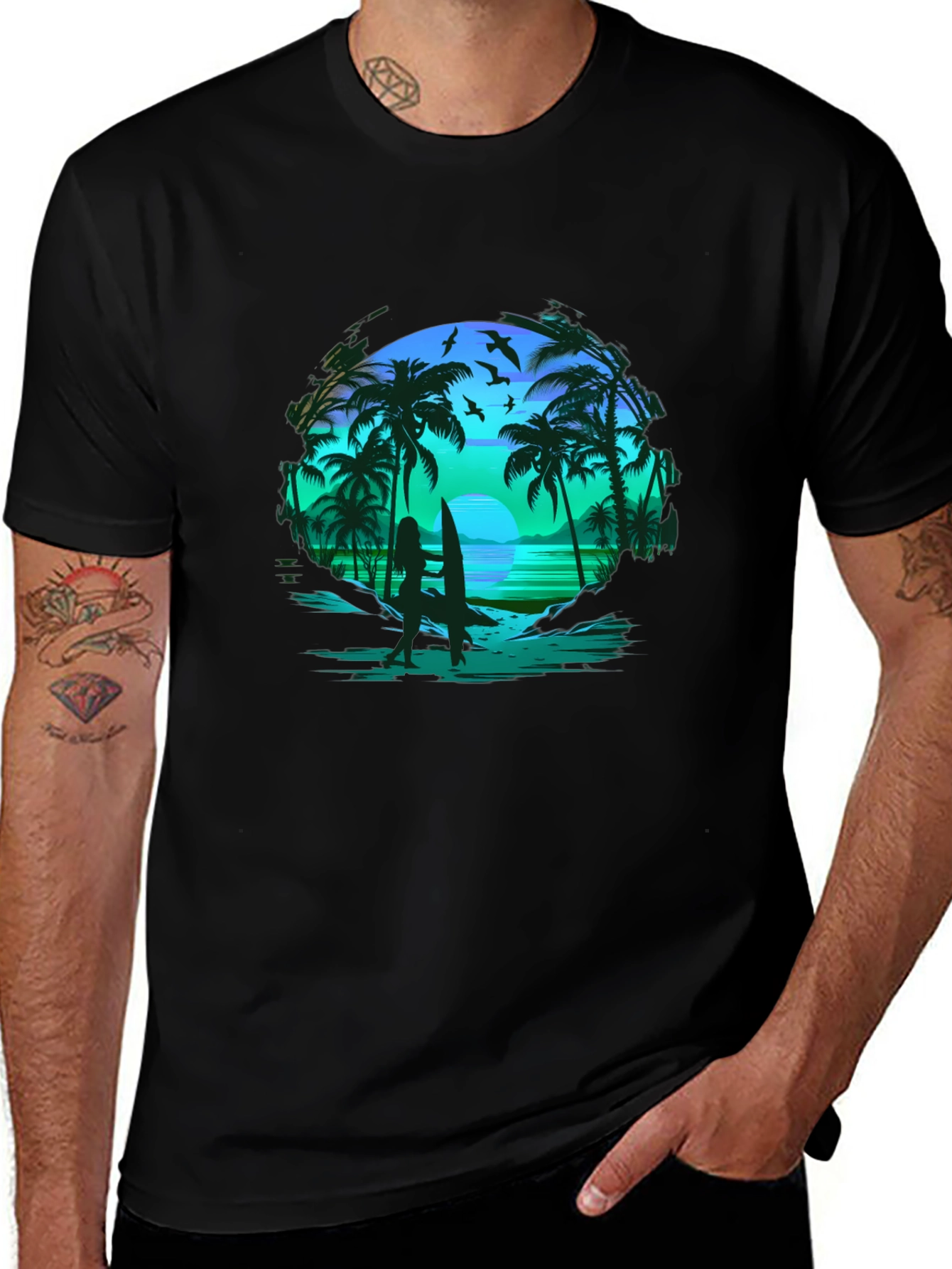 Tropical Beach Scene Black T-Shirt