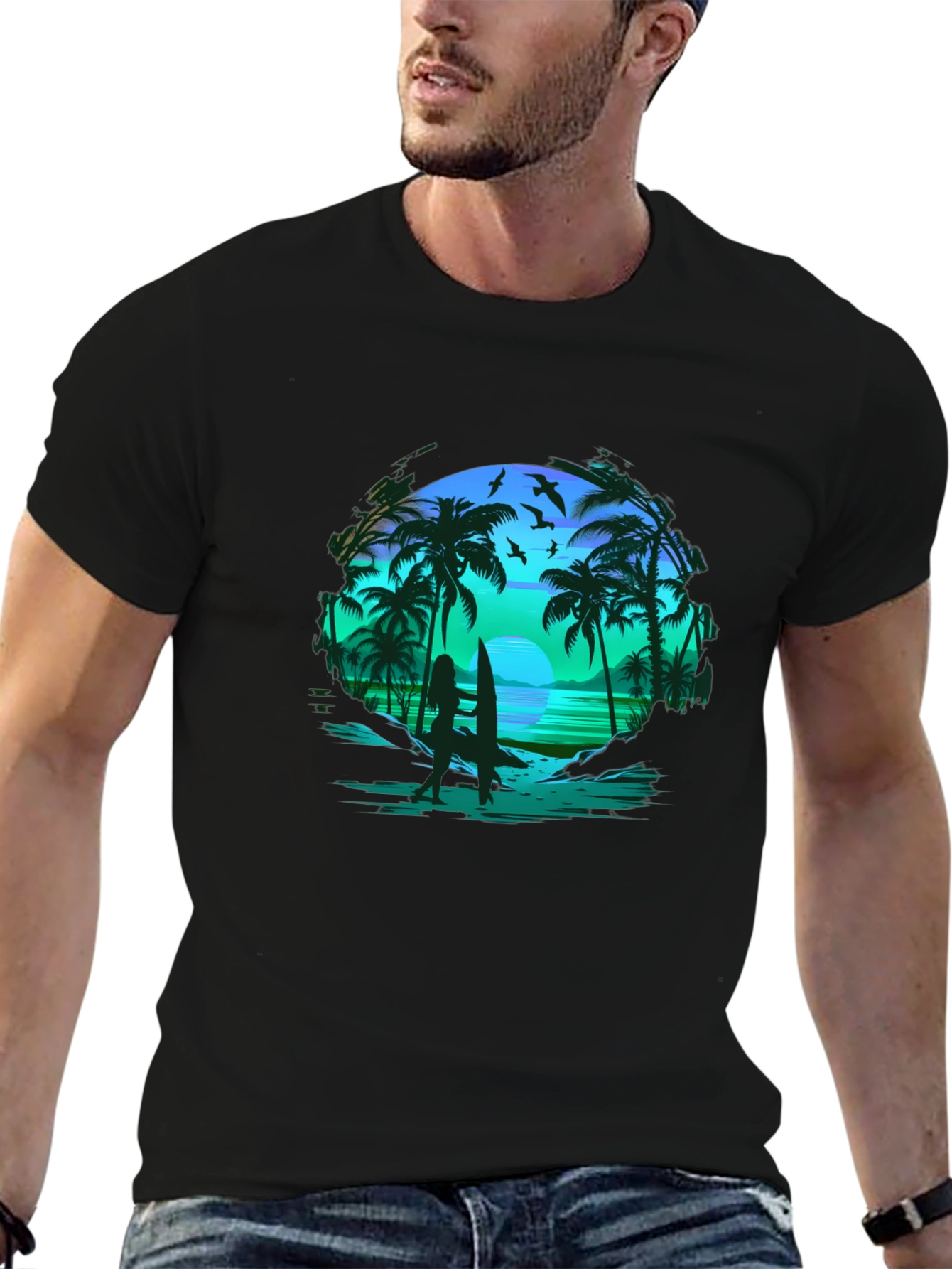 Tropical Beach Scene Black T-Shirt