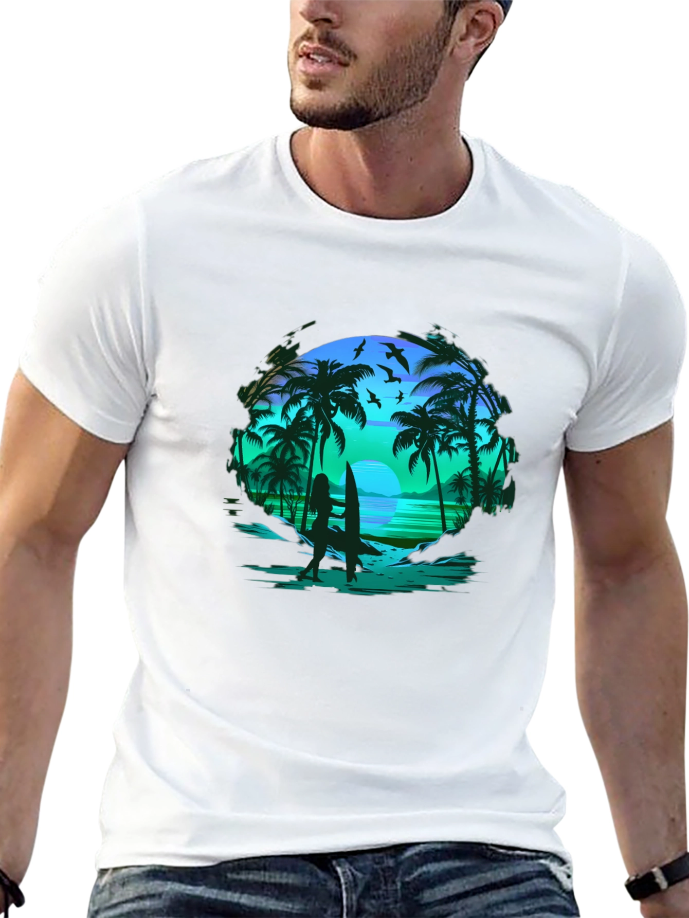 Tropical Beach Scene Black T-Shirt
