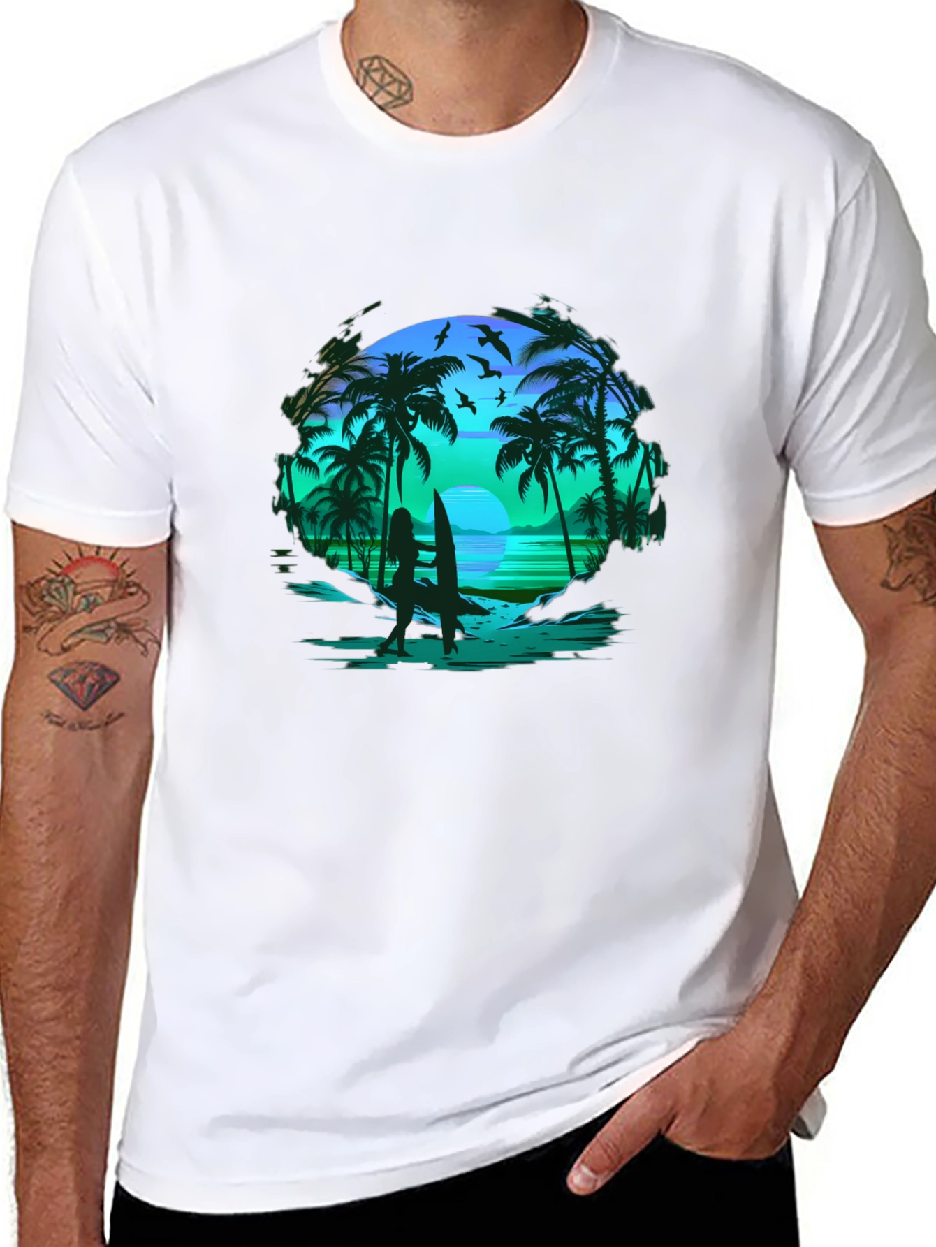 Tropical Beach Scene Black T-Shirt