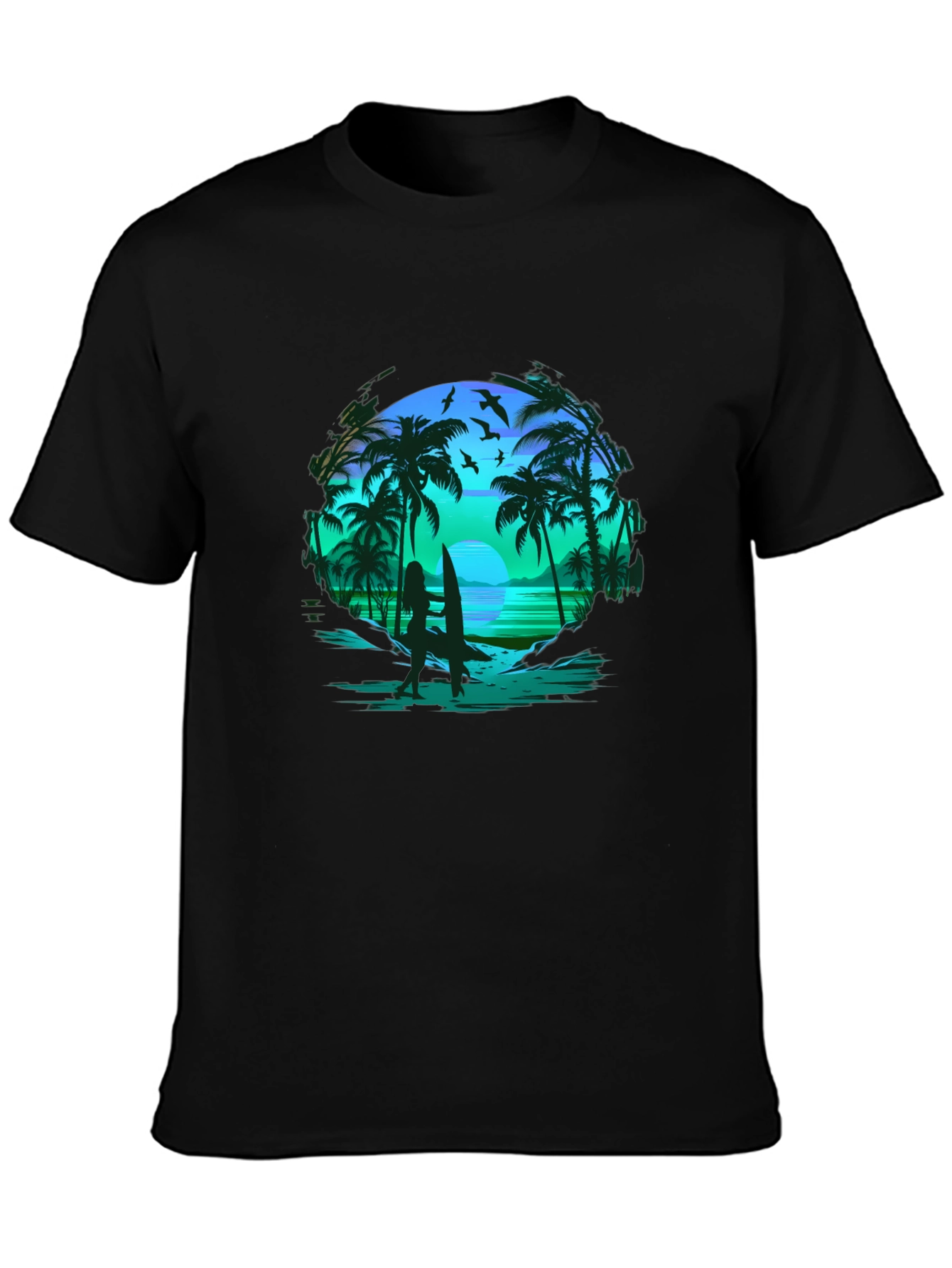 Tropical Beach Scene Black T-Shirt