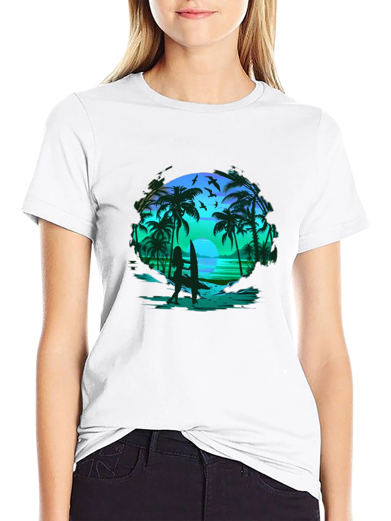 Tropical Beach Scene Black T-Shirt