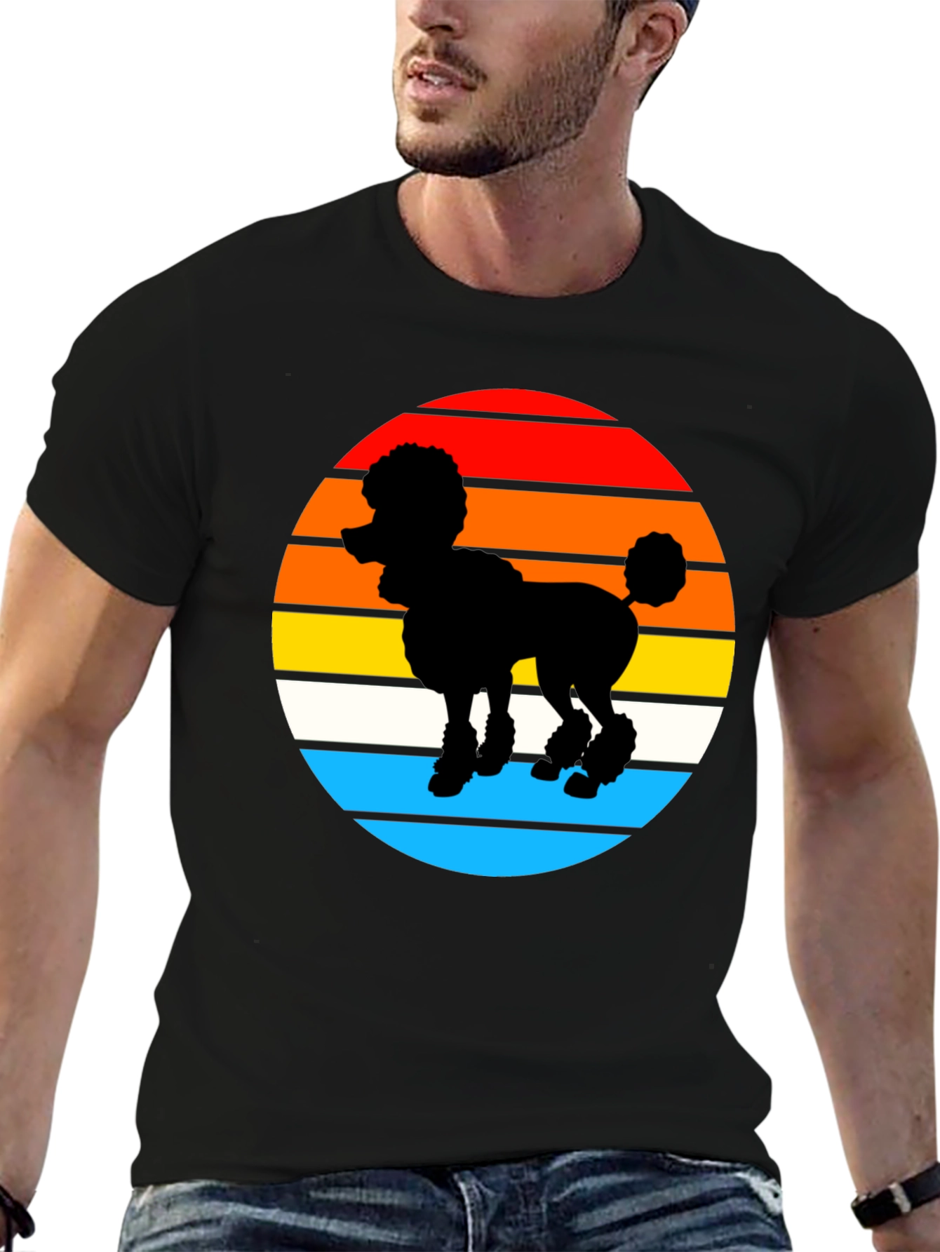 Retro Poodle Sunset Graphic Tee - Black Cotton Blend