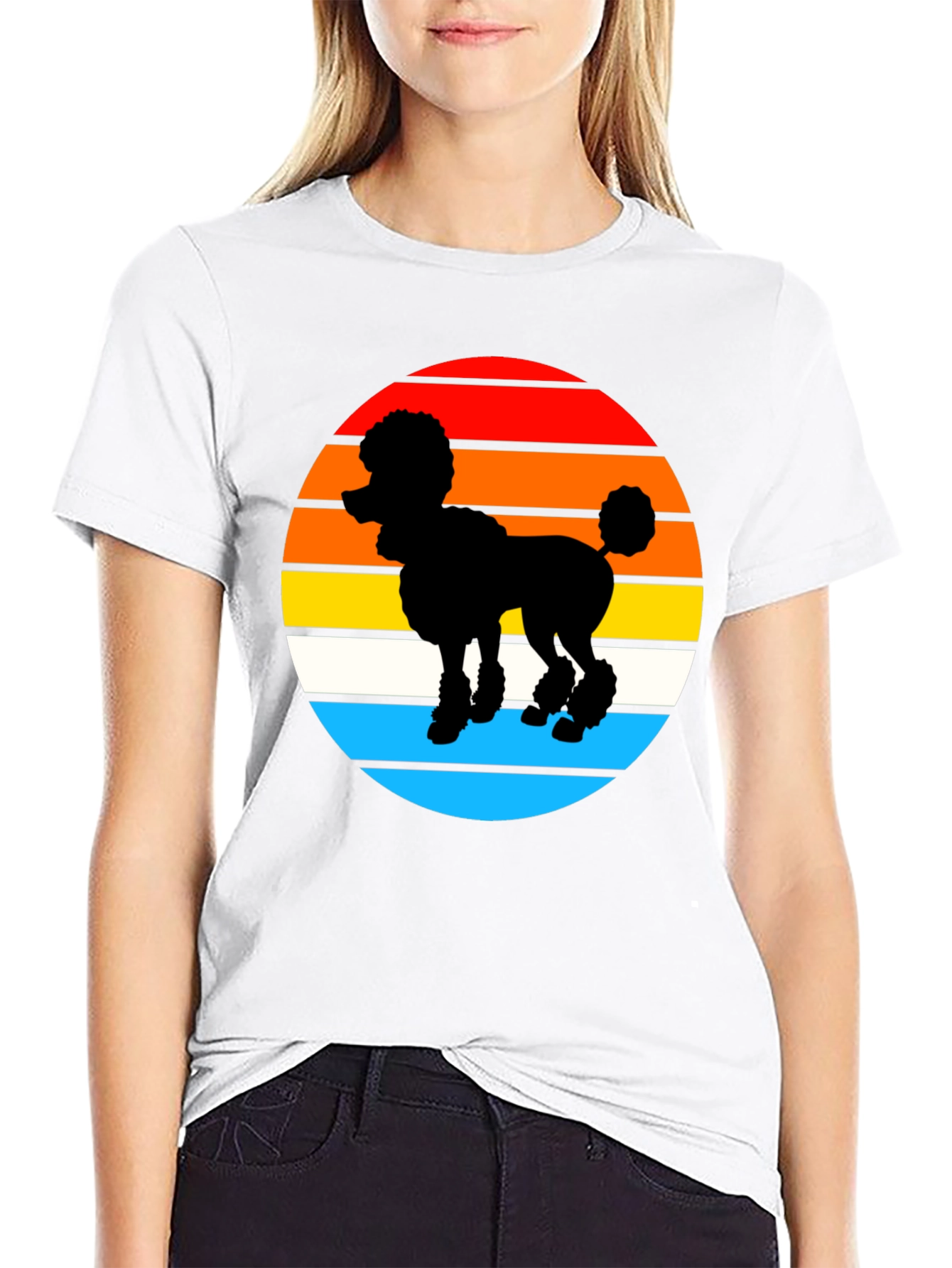 Retro Poodle Sunset Graphic Tee - Black Cotton Blend