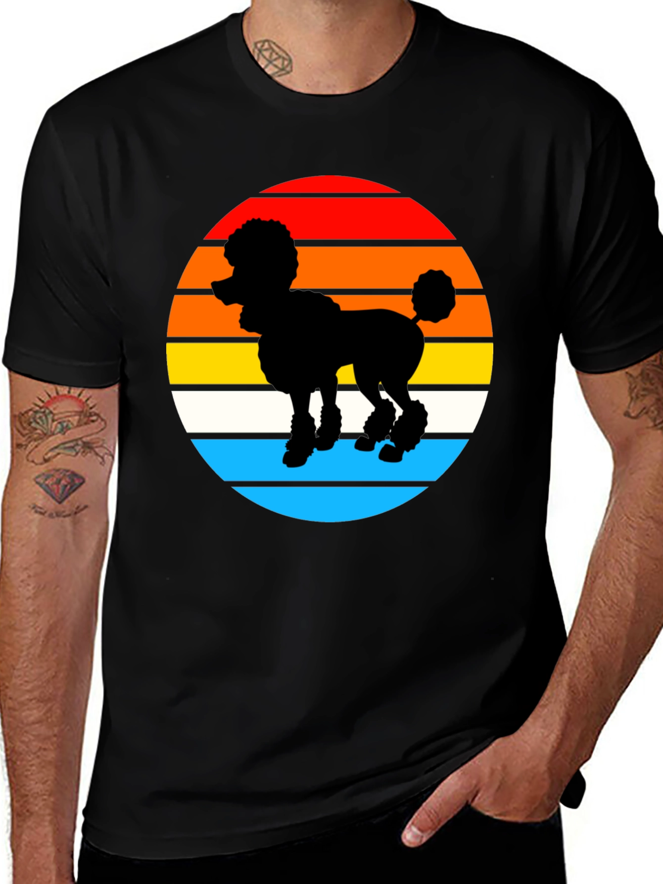 Retro Poodle Sunset Graphic Tee - Black Cotton Blend