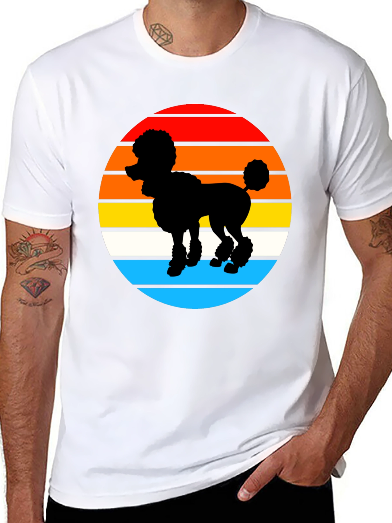 Retro Poodle Sunset Graphic Tee - Black Cotton Blend
