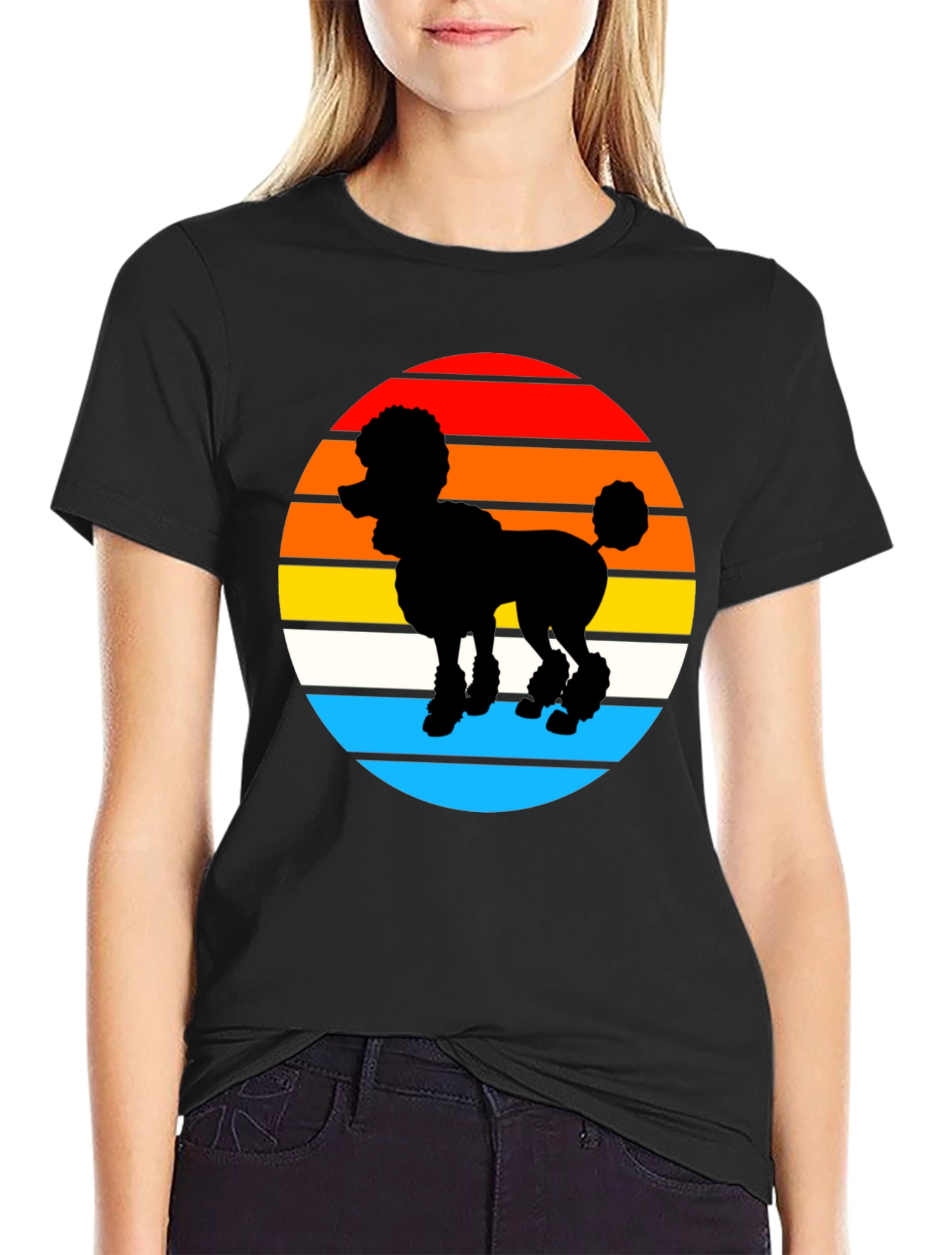 Retro Poodle Sunset Graphic Tee - Black Cotton Blend