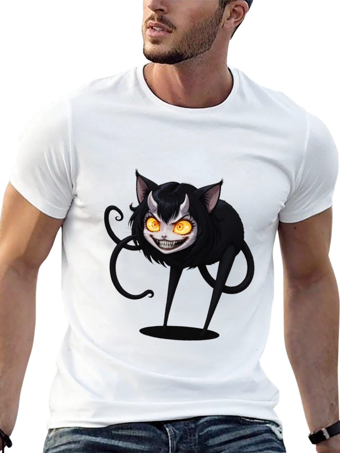 Mens Black T-Shirt - Creepy Cat Design