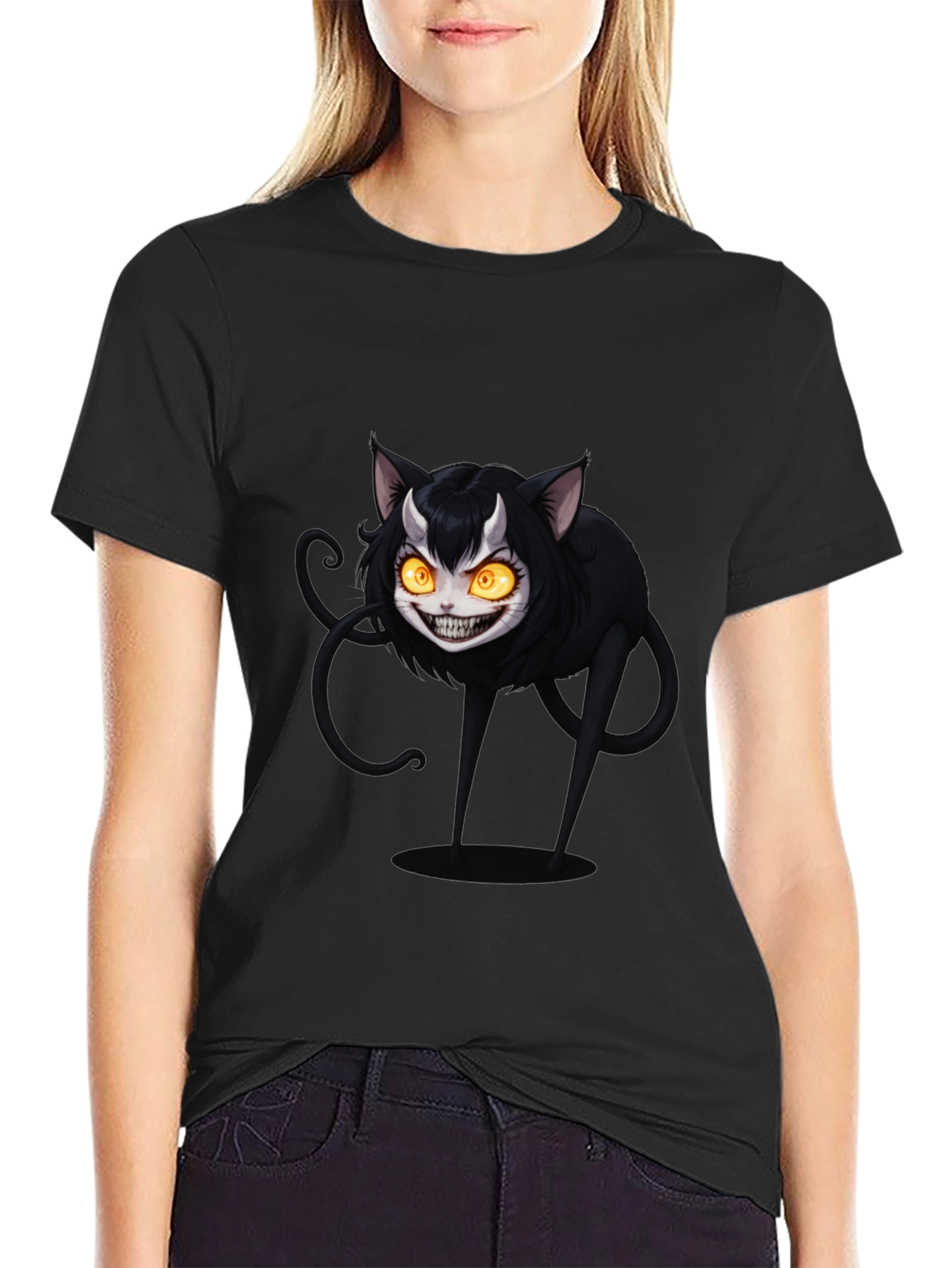 Mens Black T-Shirt - Creepy Cat Design