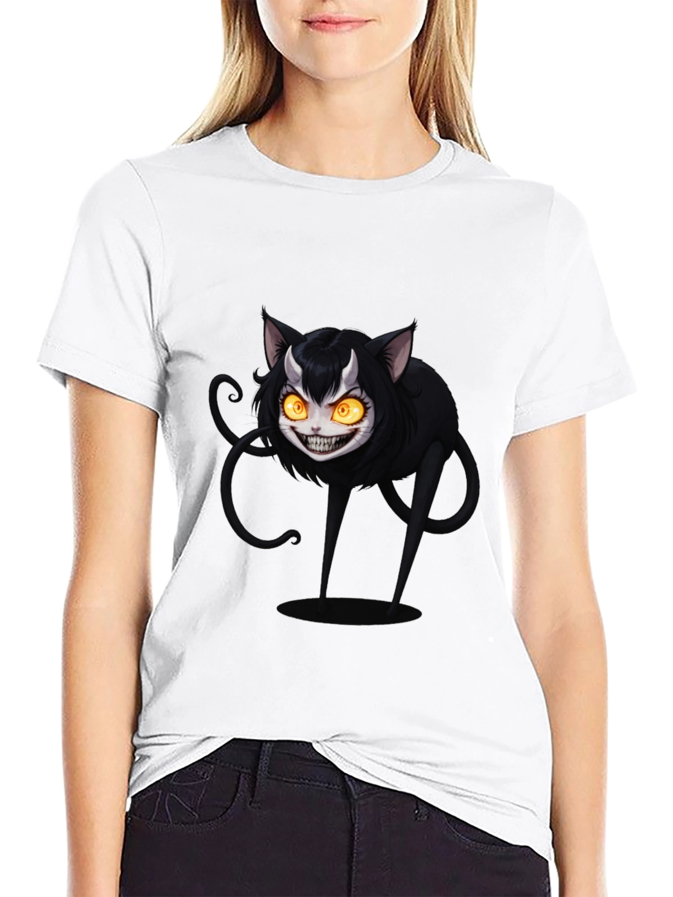 Mens Black T-Shirt - Creepy Cat Design