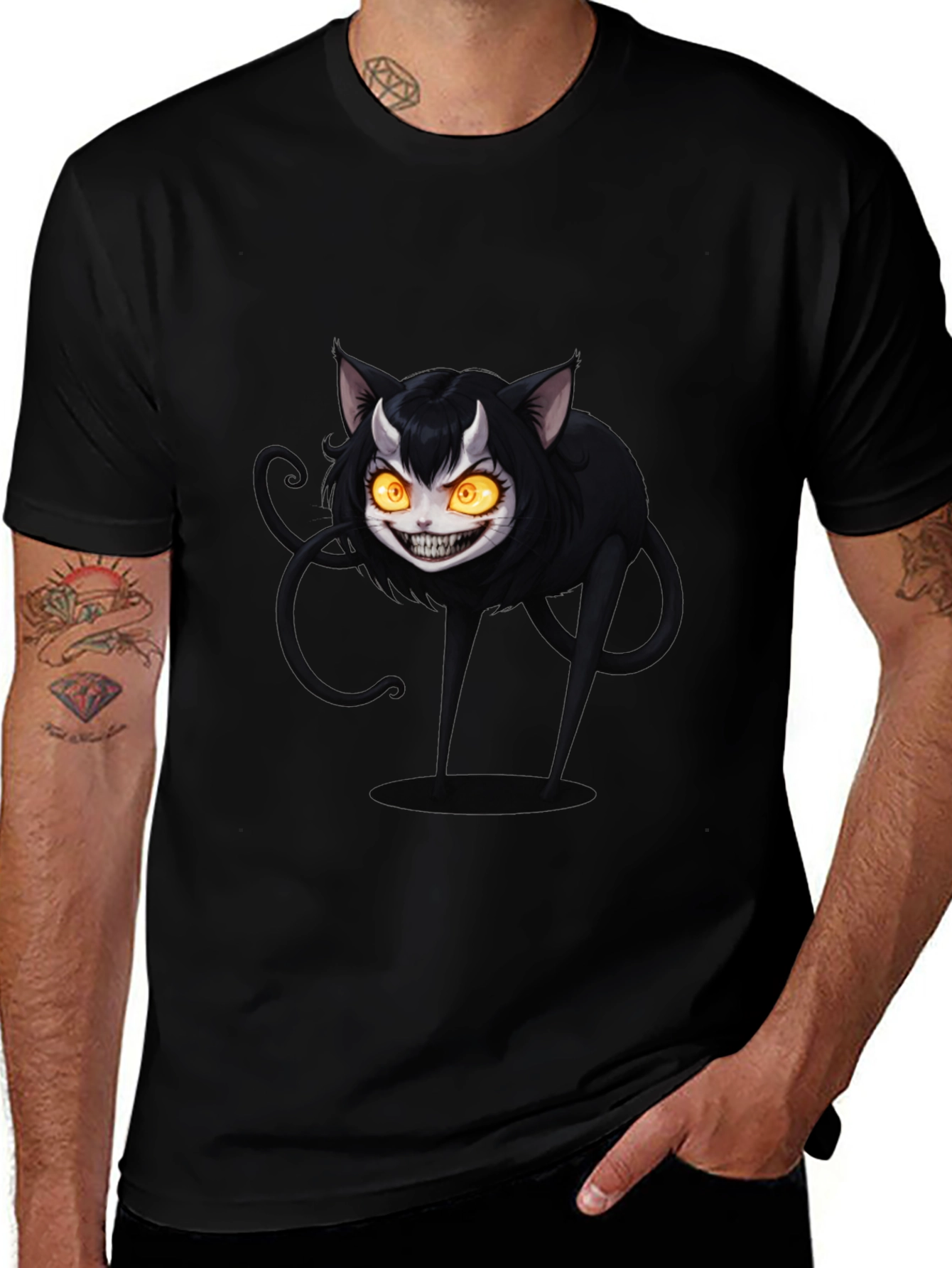 Mens Black T-Shirt - Creepy Cat Design