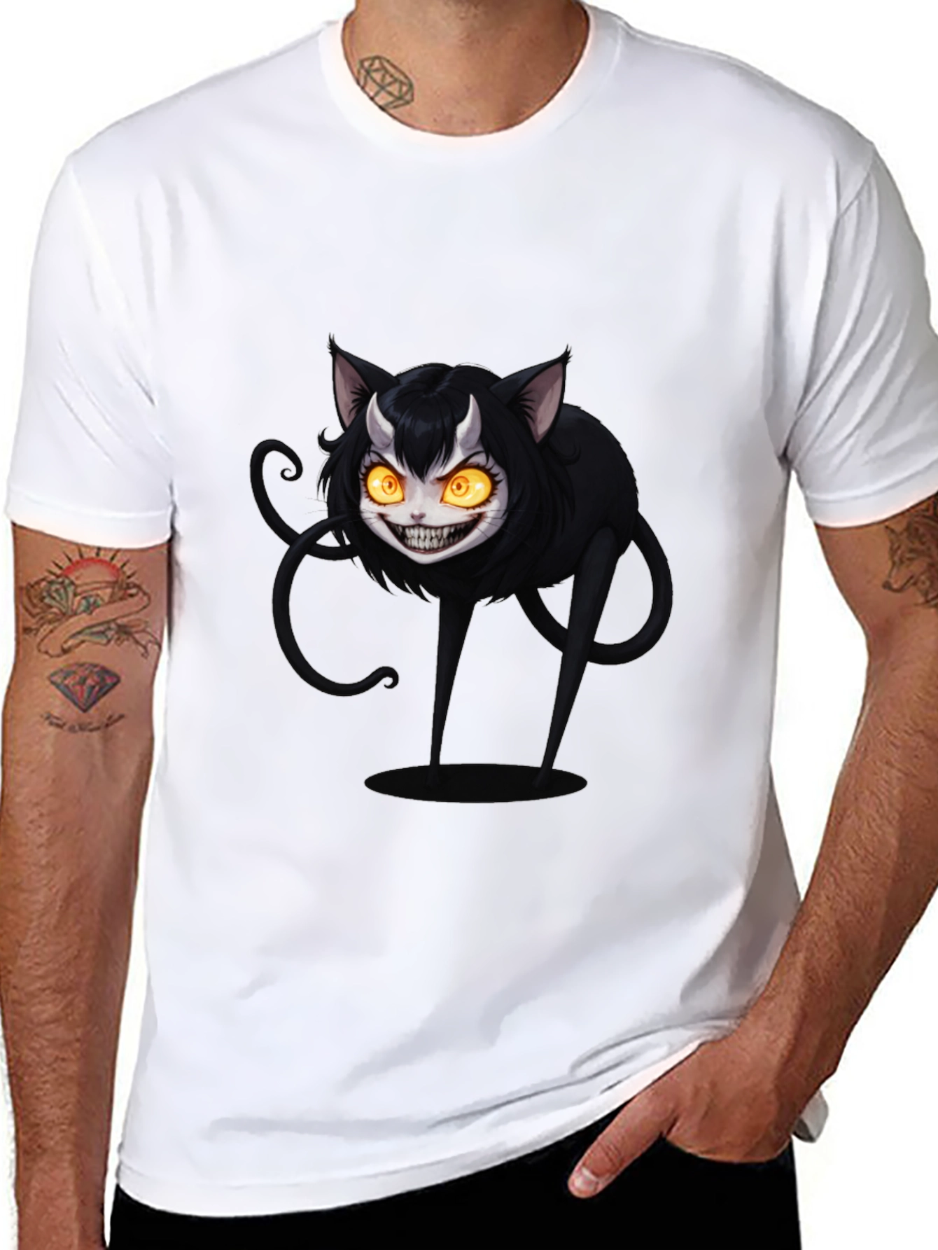 Mens Black T-Shirt - Creepy Cat Design