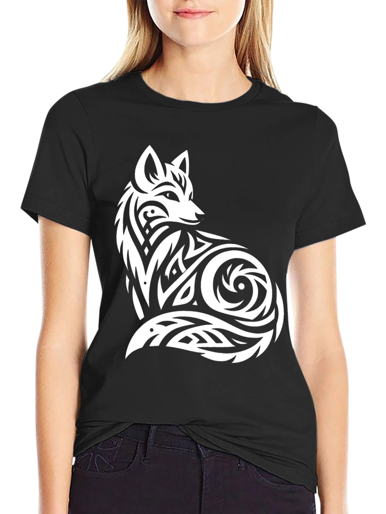 Tribal Fox Graphic Tee - Black Cotton T-Shirt