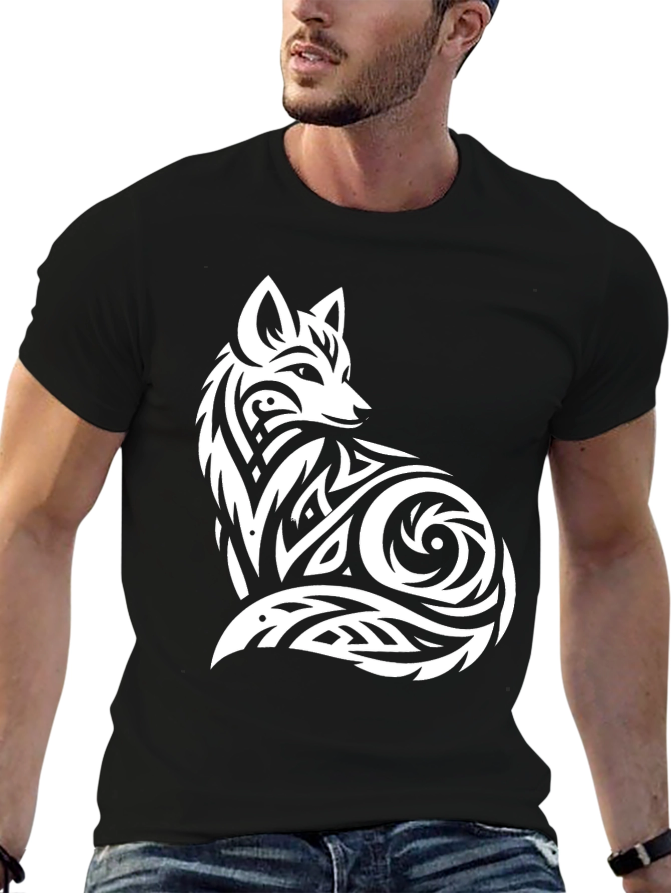 Tribal Fox Graphic Tee - Black Cotton T-Shirt