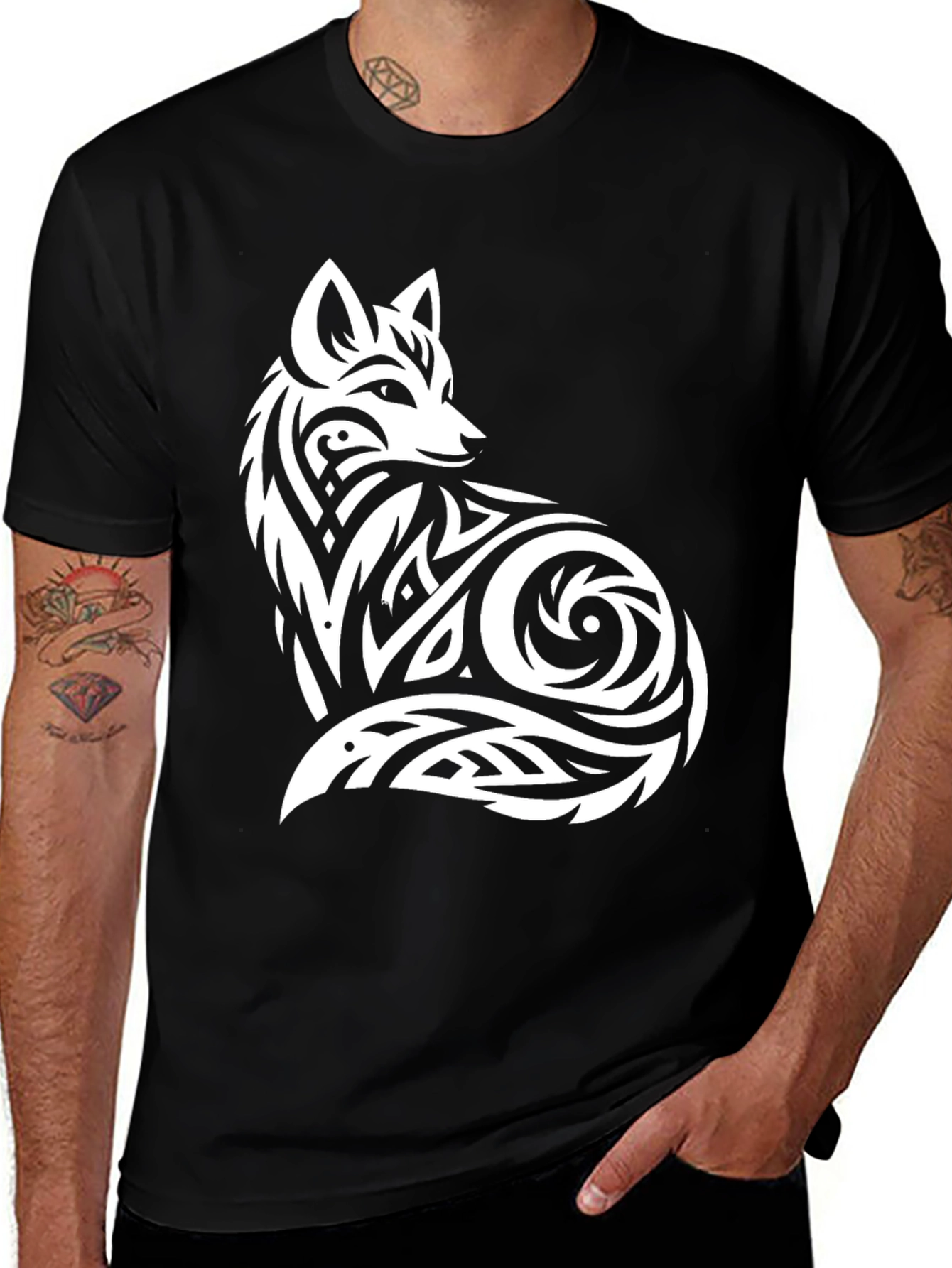 Tribal Fox Graphic Tee - Black Cotton T-Shirt