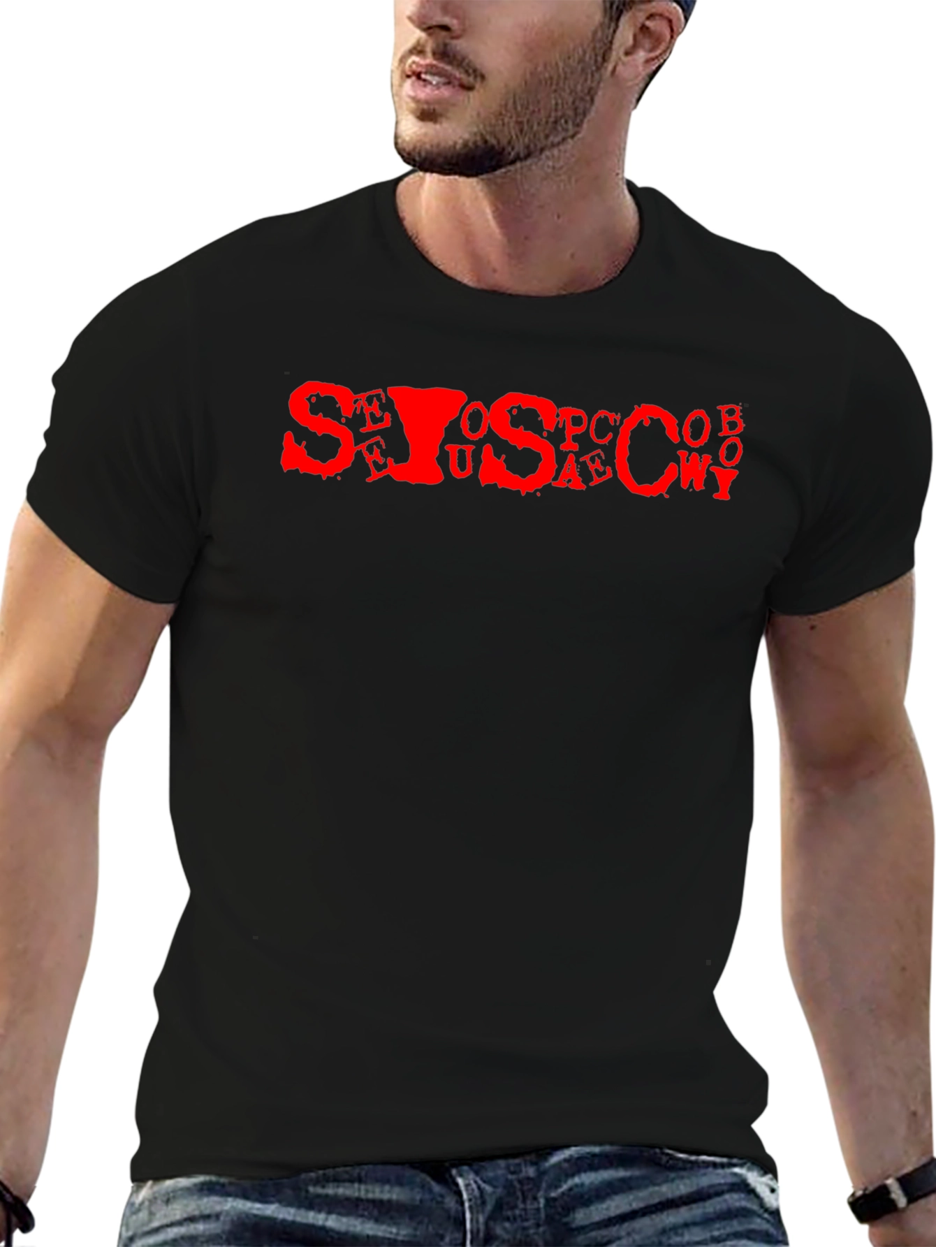 Mens Black Tee with Red Letter Graphic
