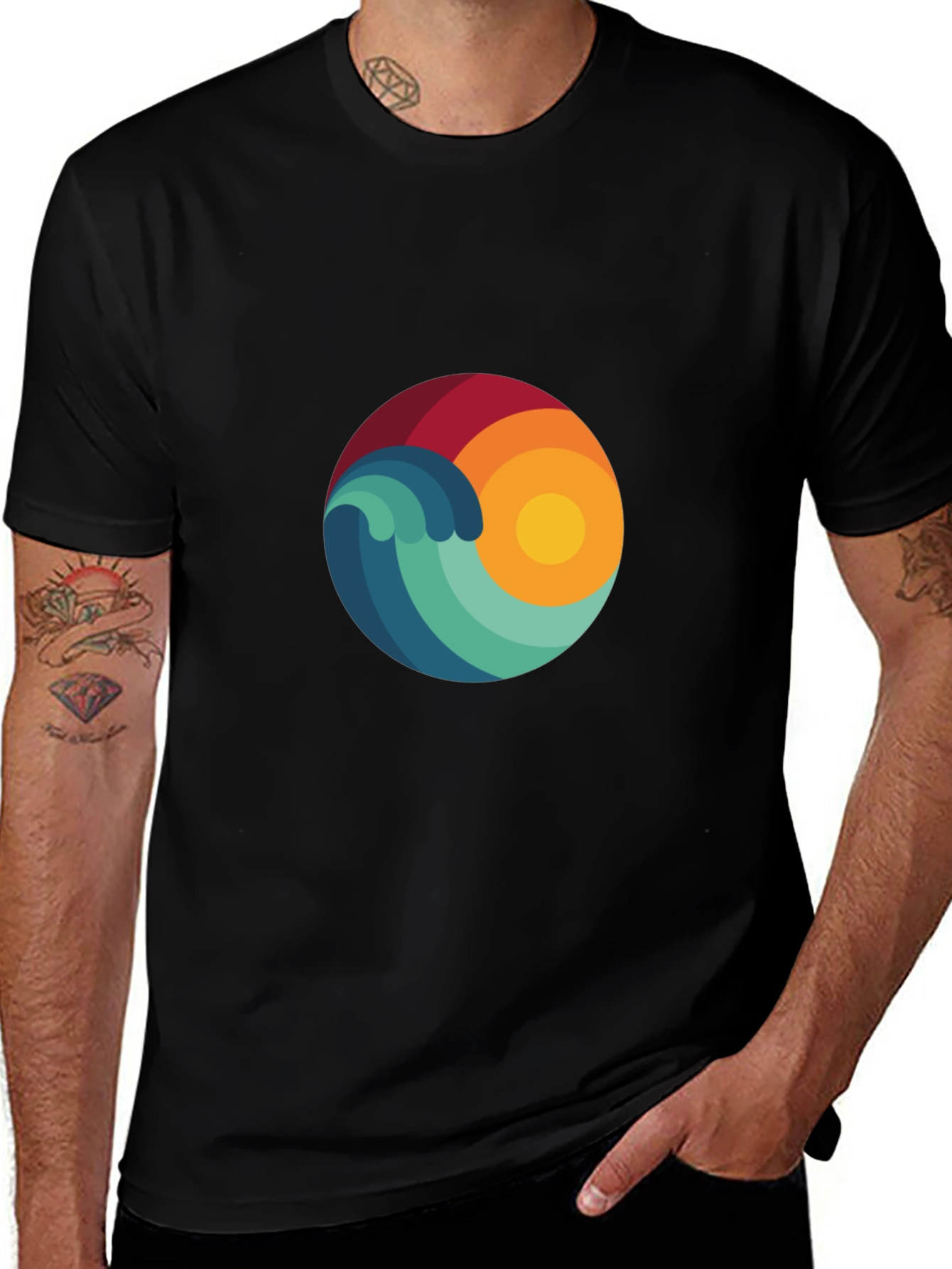 Abstract Wave & Sun Graphic Black T-Shirt