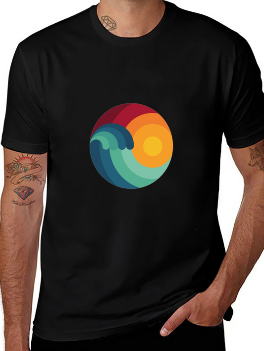 Abstract Wave & Sun Graphic Black T-Shirt