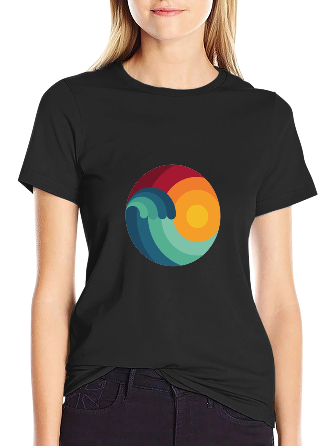 Abstract Wave & Sun Graphic Black T-Shirt