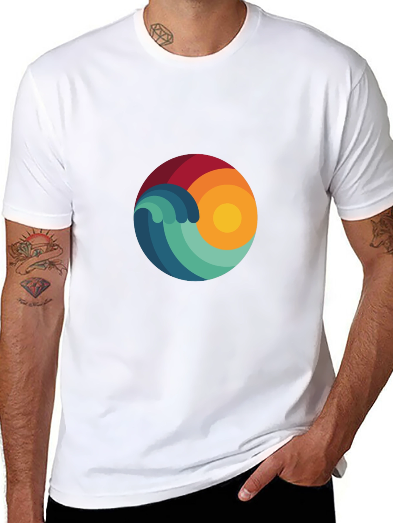 Abstract Wave & Sun Graphic Black T-Shirt