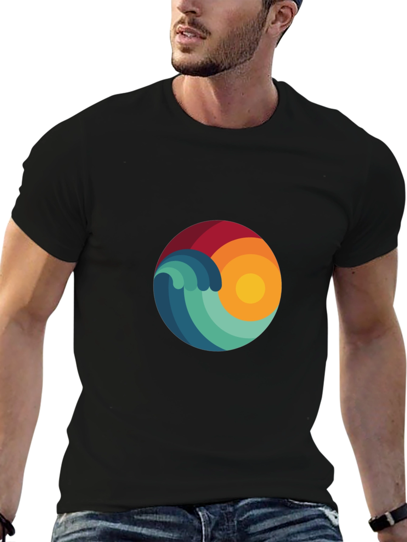 Abstract Wave & Sun Graphic Black T-Shirt