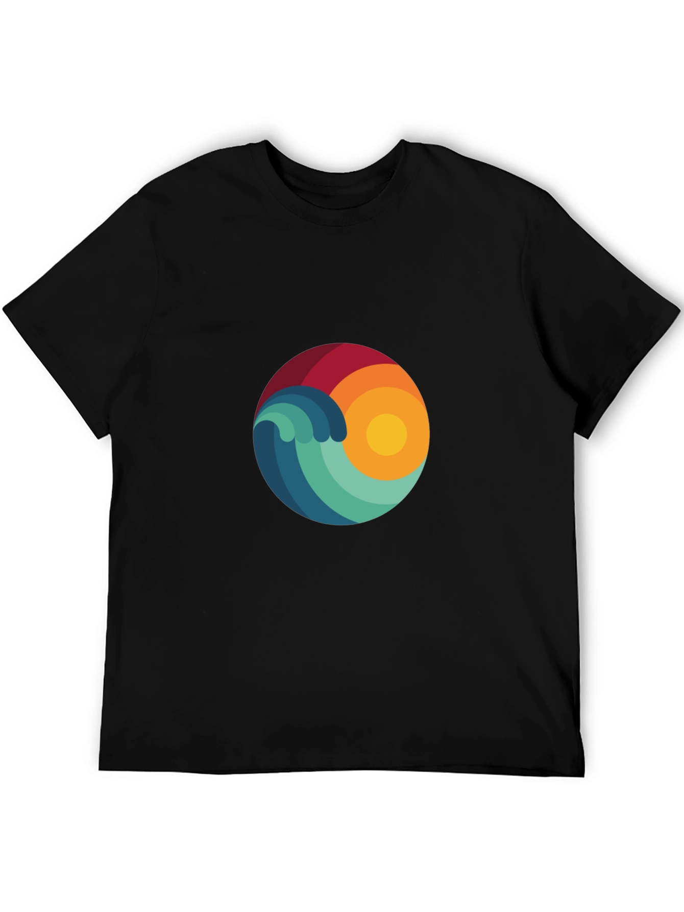 Abstract Wave & Sun Graphic Black T-Shirt