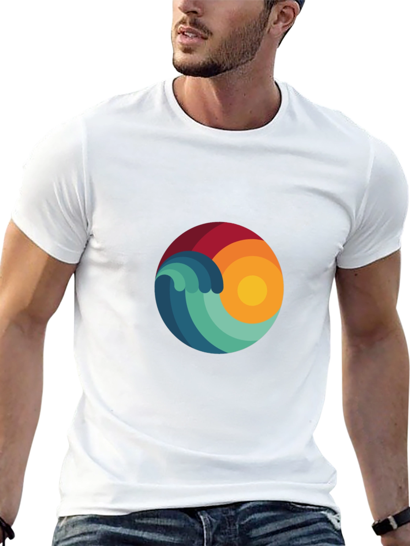 Abstract Wave & Sun Graphic Black T-Shirt