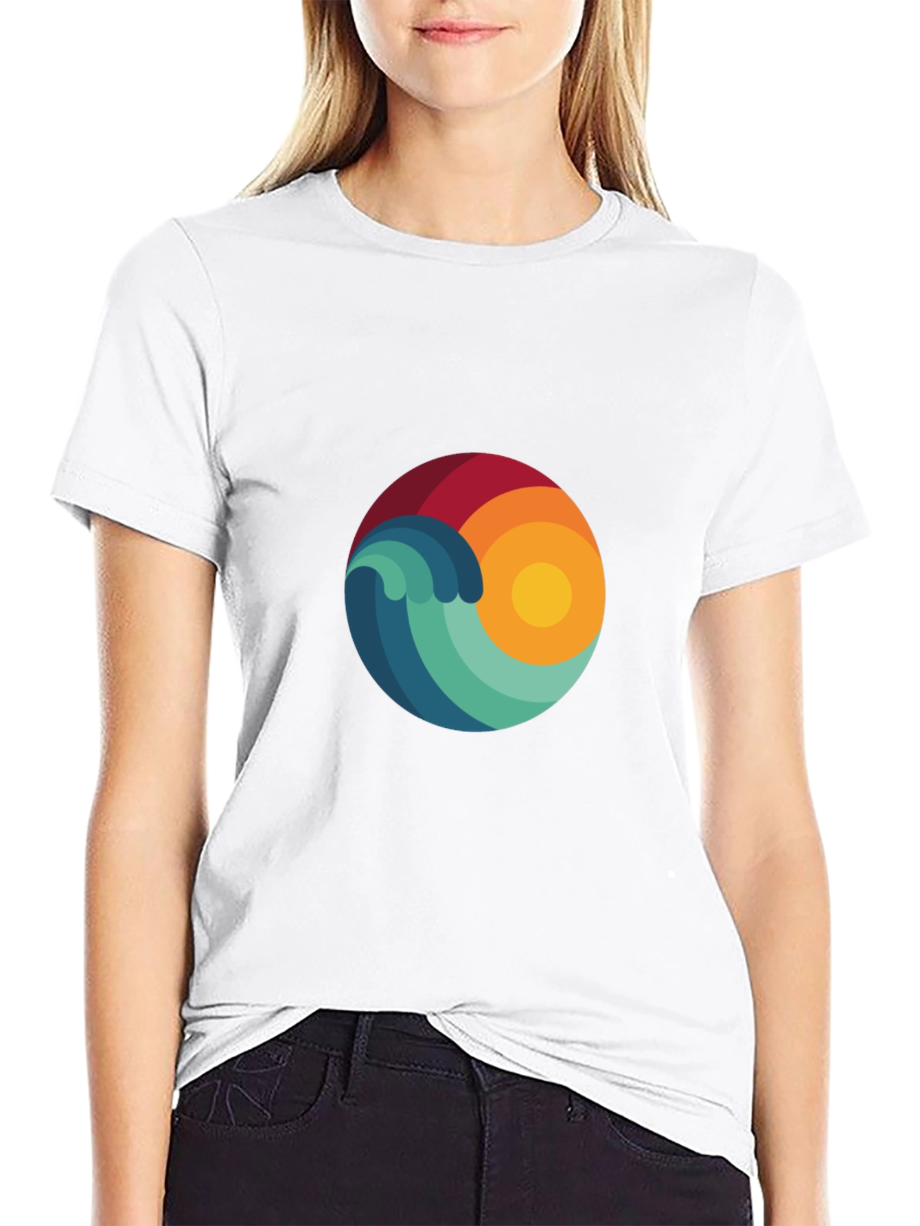 Abstract Wave & Sun Graphic Black T-Shirt