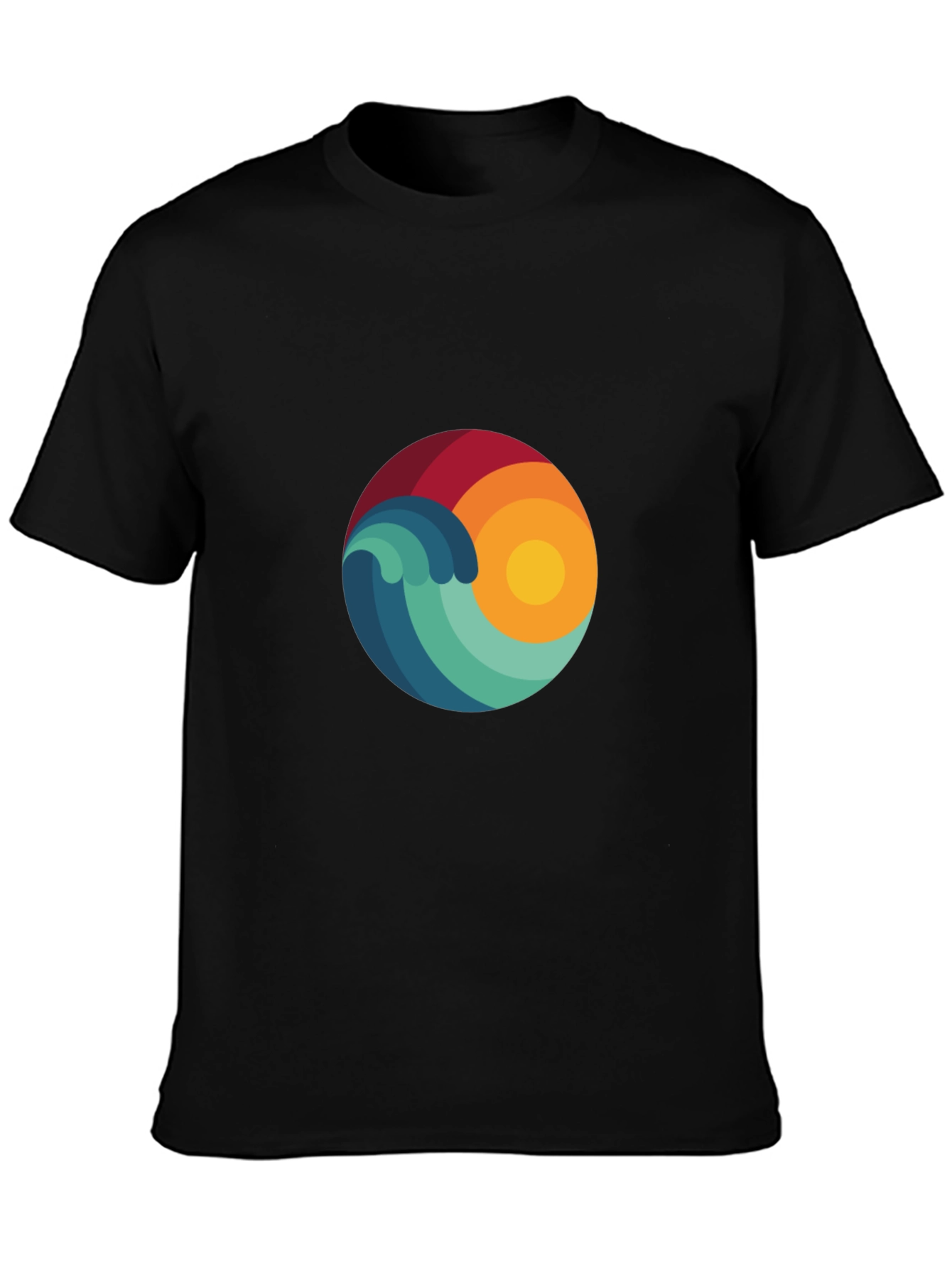 Abstract Wave & Sun Graphic Black T-Shirt