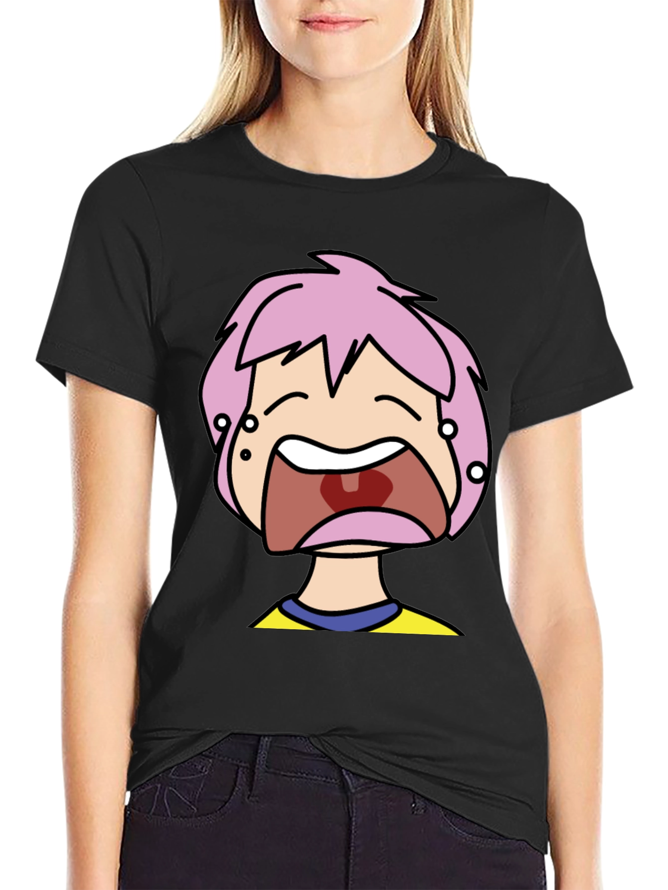 Pink Hair Cartoon Black T-Shirt