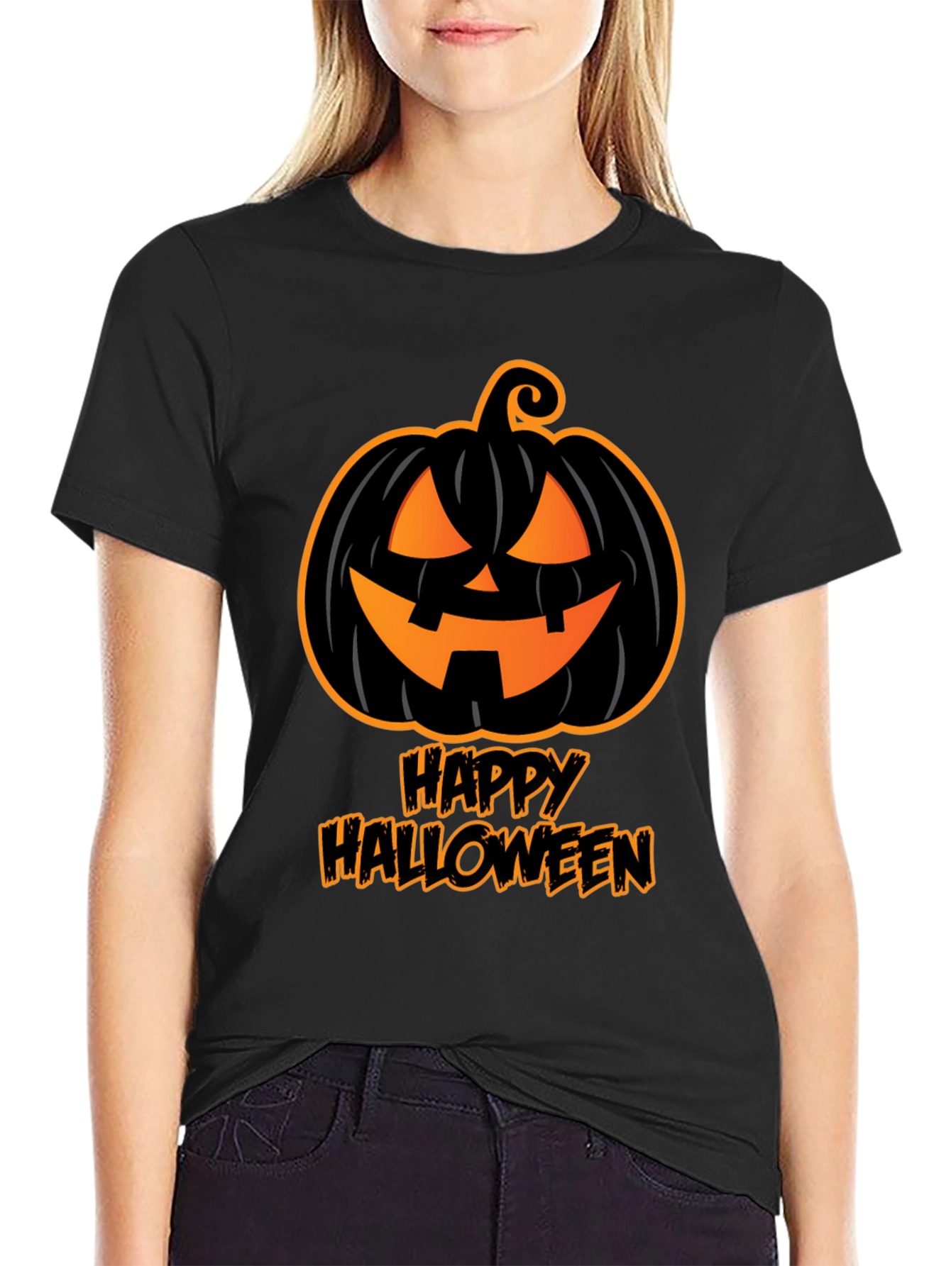 Happy Halloween Pumpkin Graphic Tee - Black