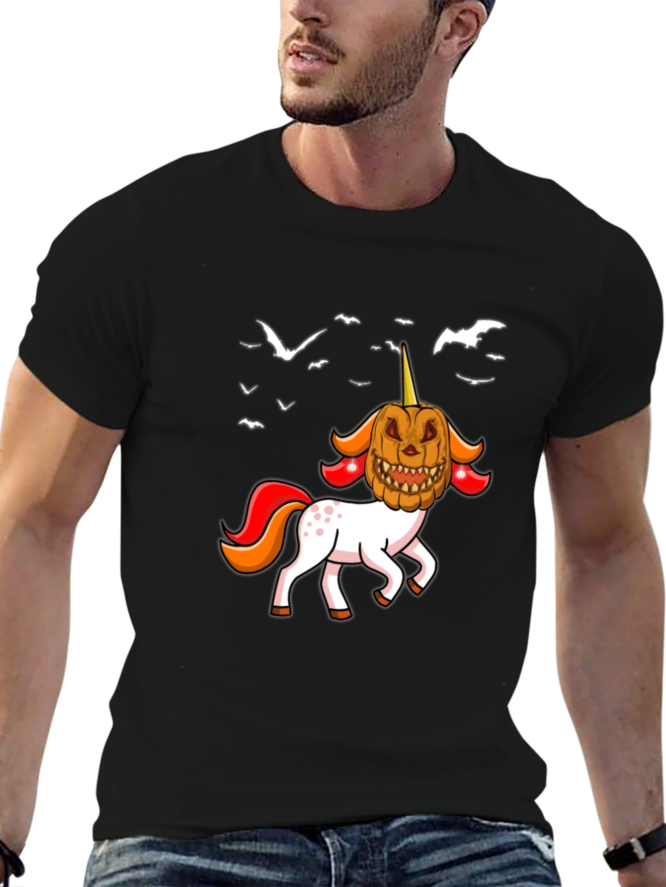 Halloween Unicorn Pumpkin Head Graphic T-Shirt