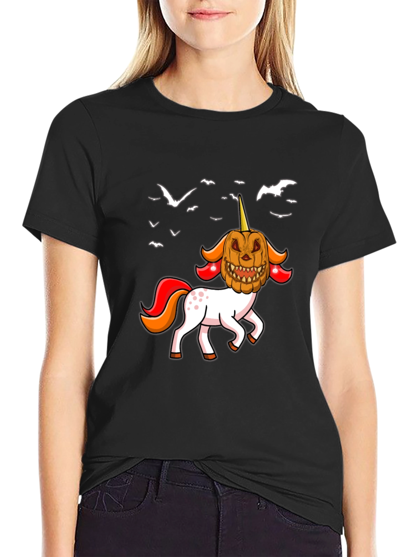 Halloween Unicorn Pumpkin Head Graphic T-Shirt