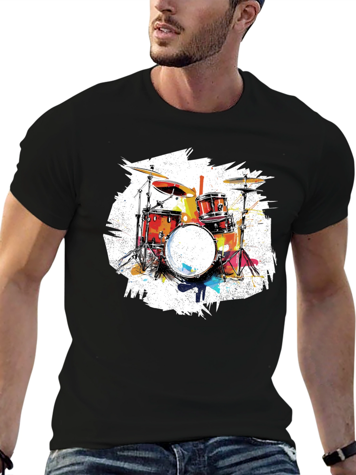 Drum Set Graphic Tee - Black Cotton T-Shirt