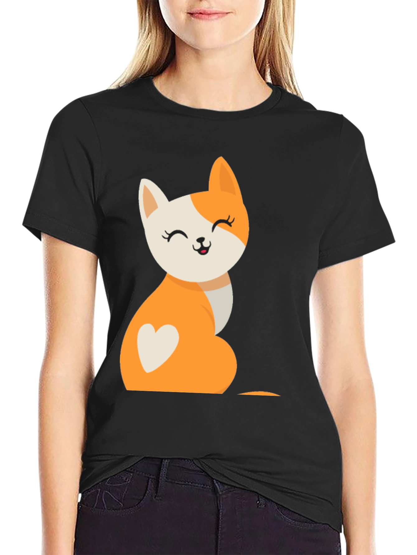 Cute Cartoon Cat T-Shirt - Black