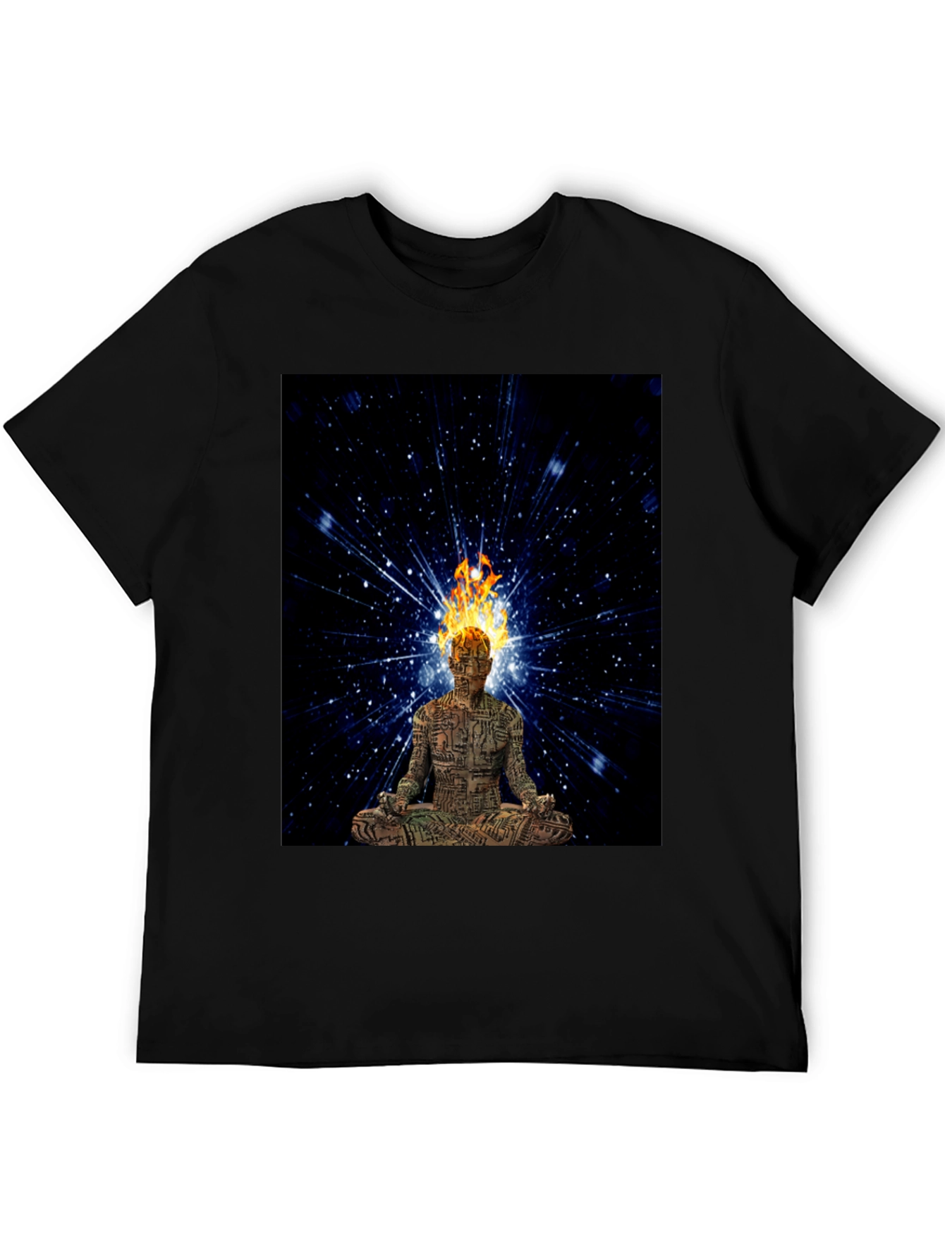 Meditating Fire Head Man Black T-Shirt