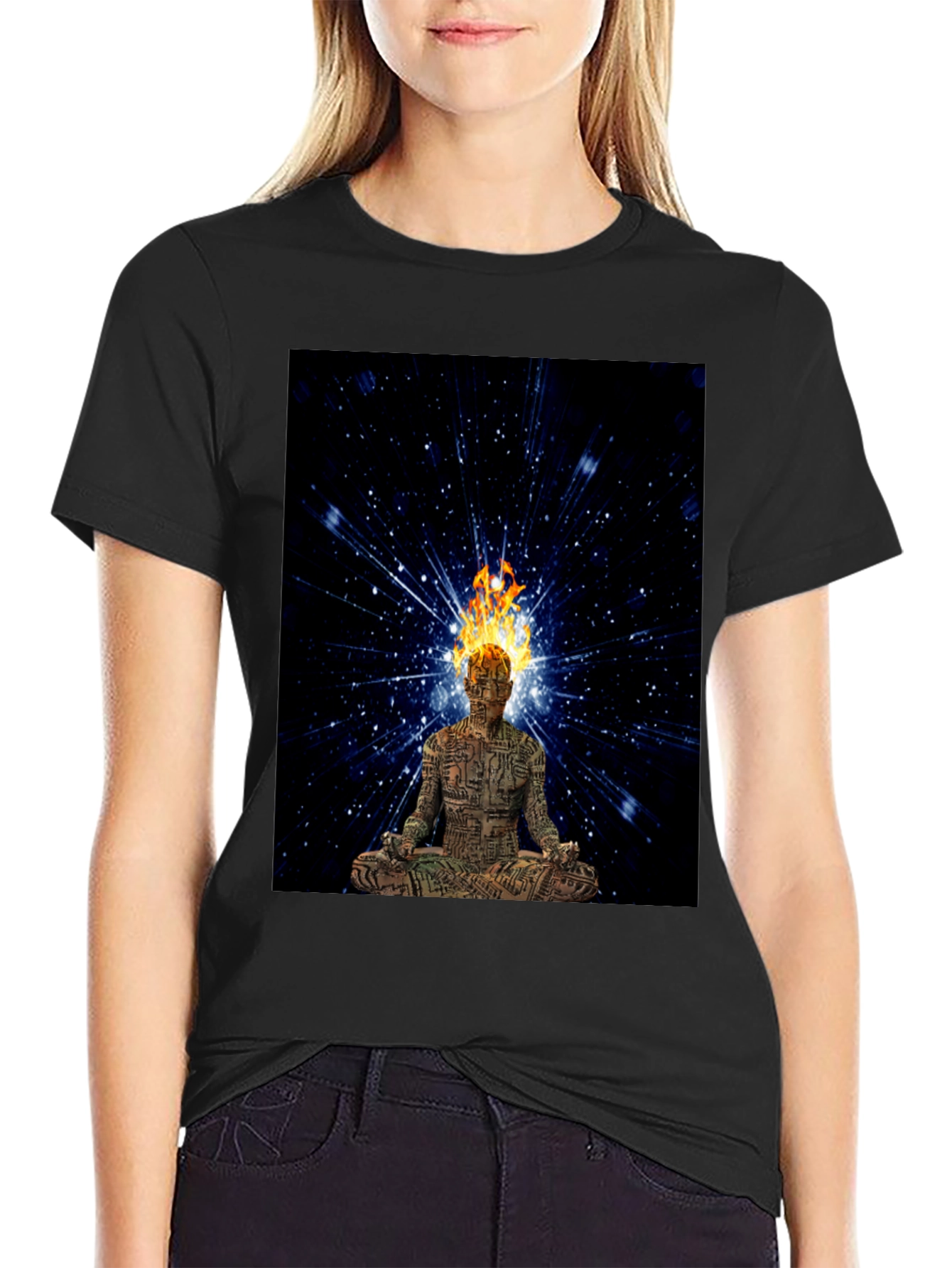 Meditating Fire Head Man Black T-Shirt