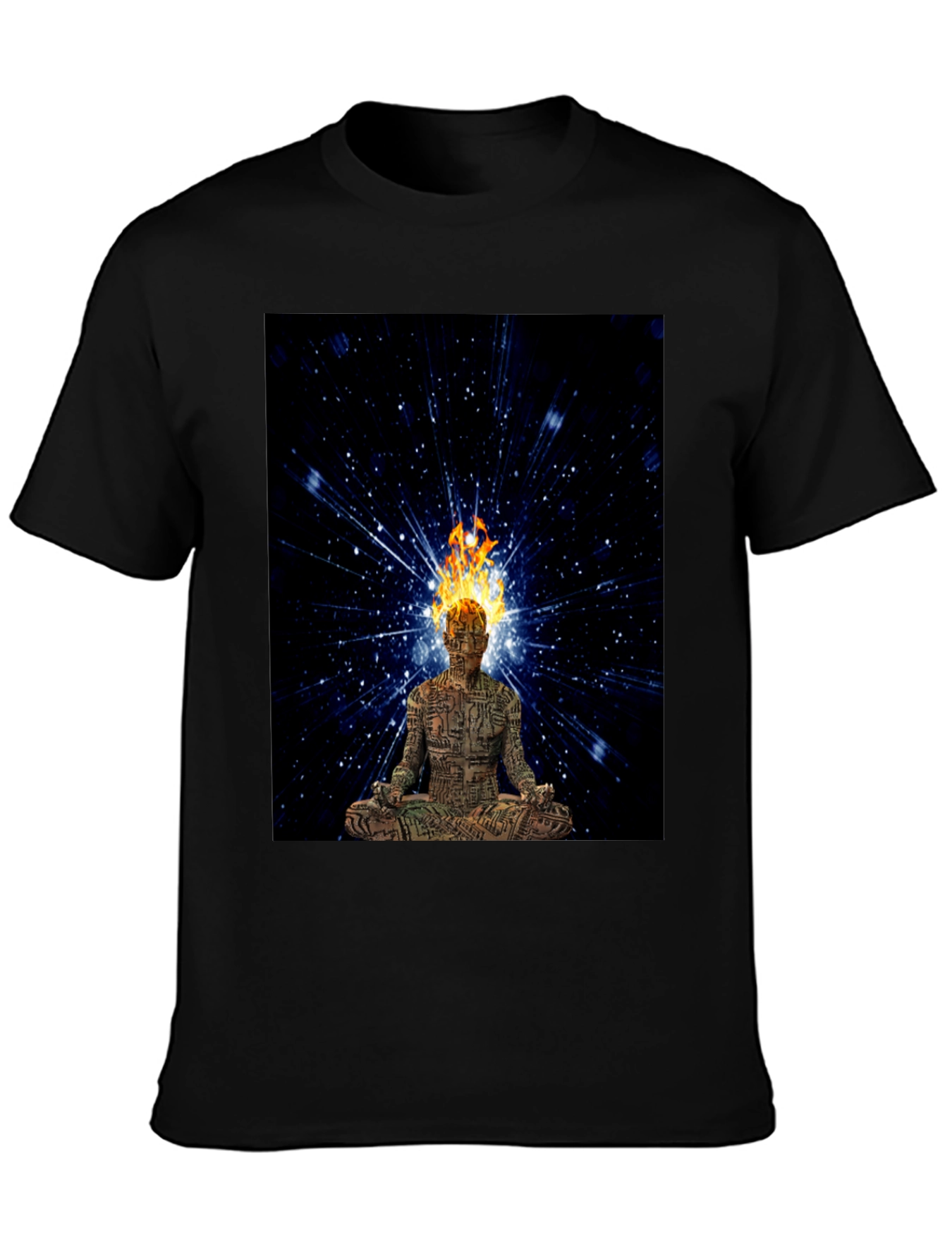 Meditating Fire Head Man Black T-Shirt