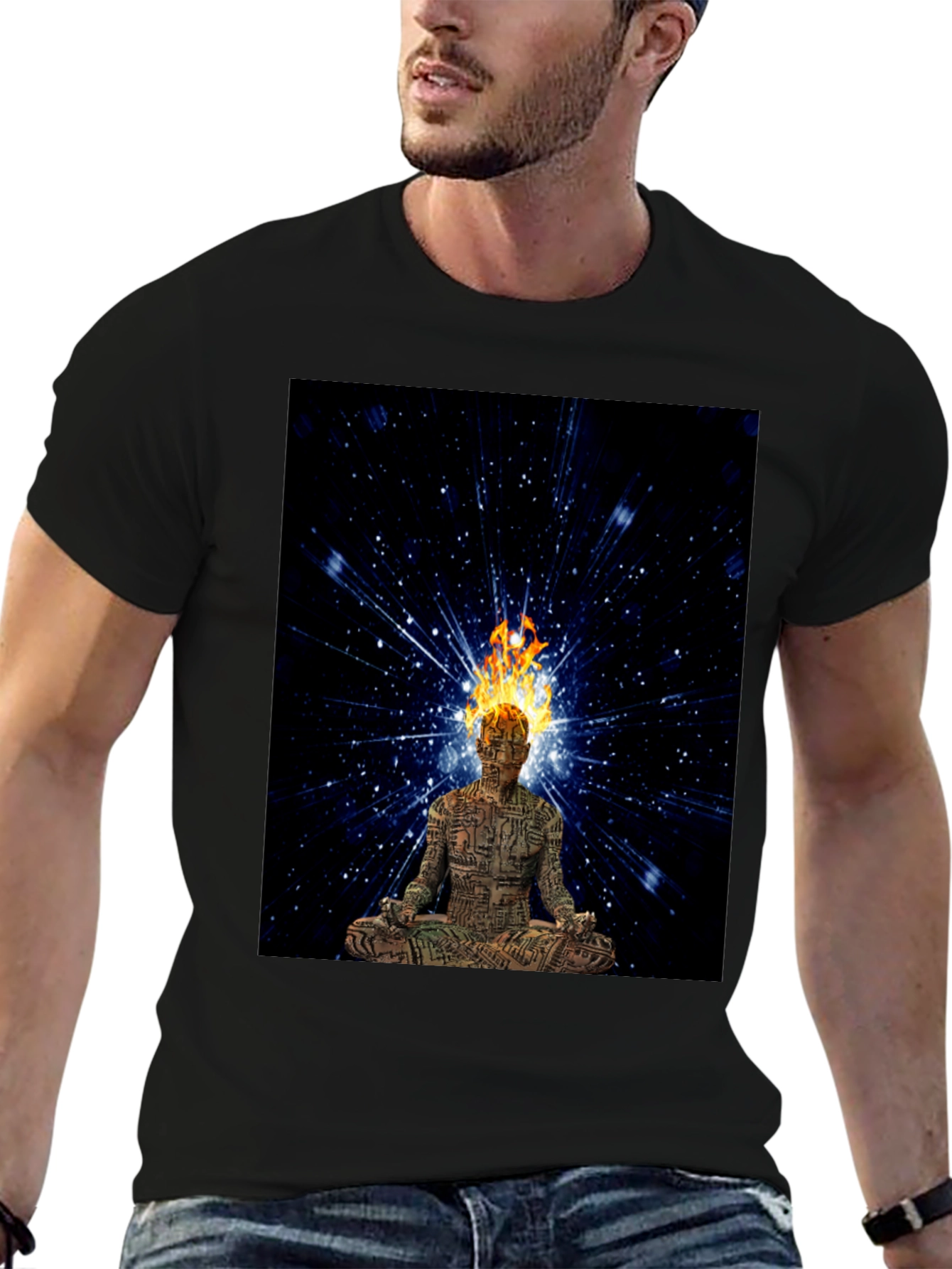 Meditating Fire Head Man Black T-Shirt