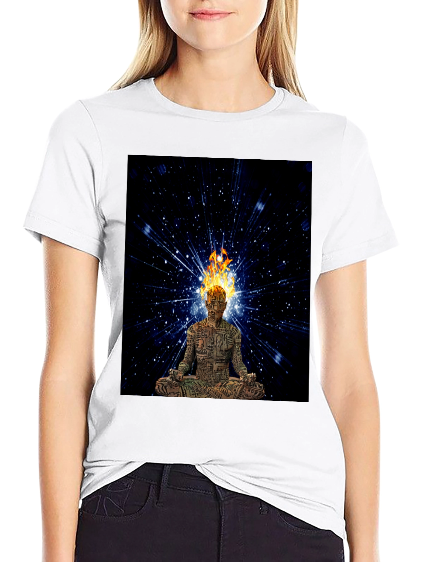 Meditating Fire Head Man Black T-Shirt