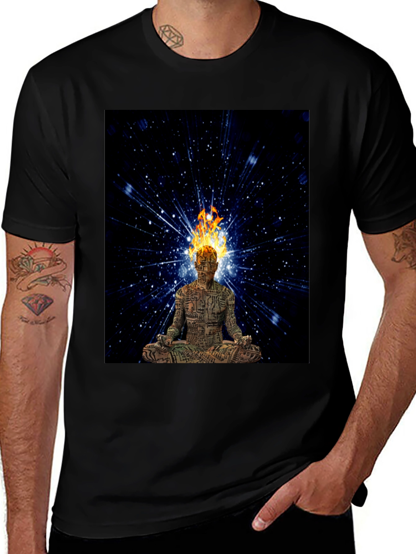Meditating Fire Head Man Black T-Shirt