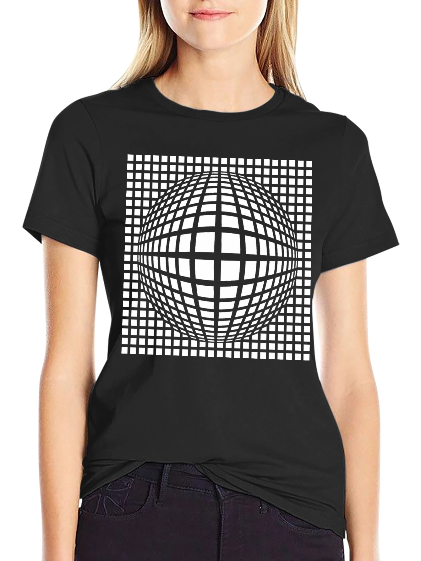 Optical Illusion Grid Sphere Black T-Shirt